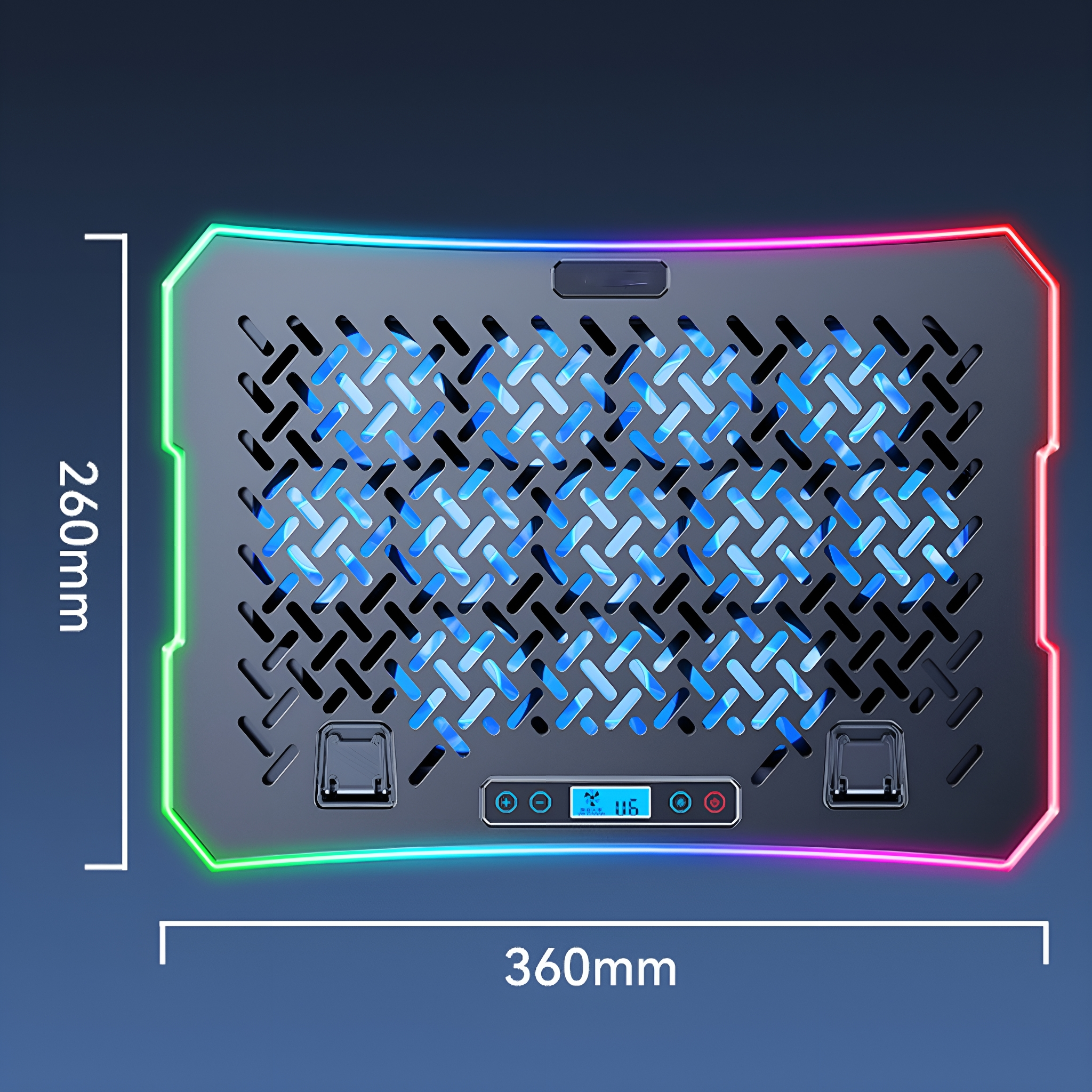 Schwarzer Laptop-Kühler mit blauen und RGB-Lichtern, mit Abmessungen.