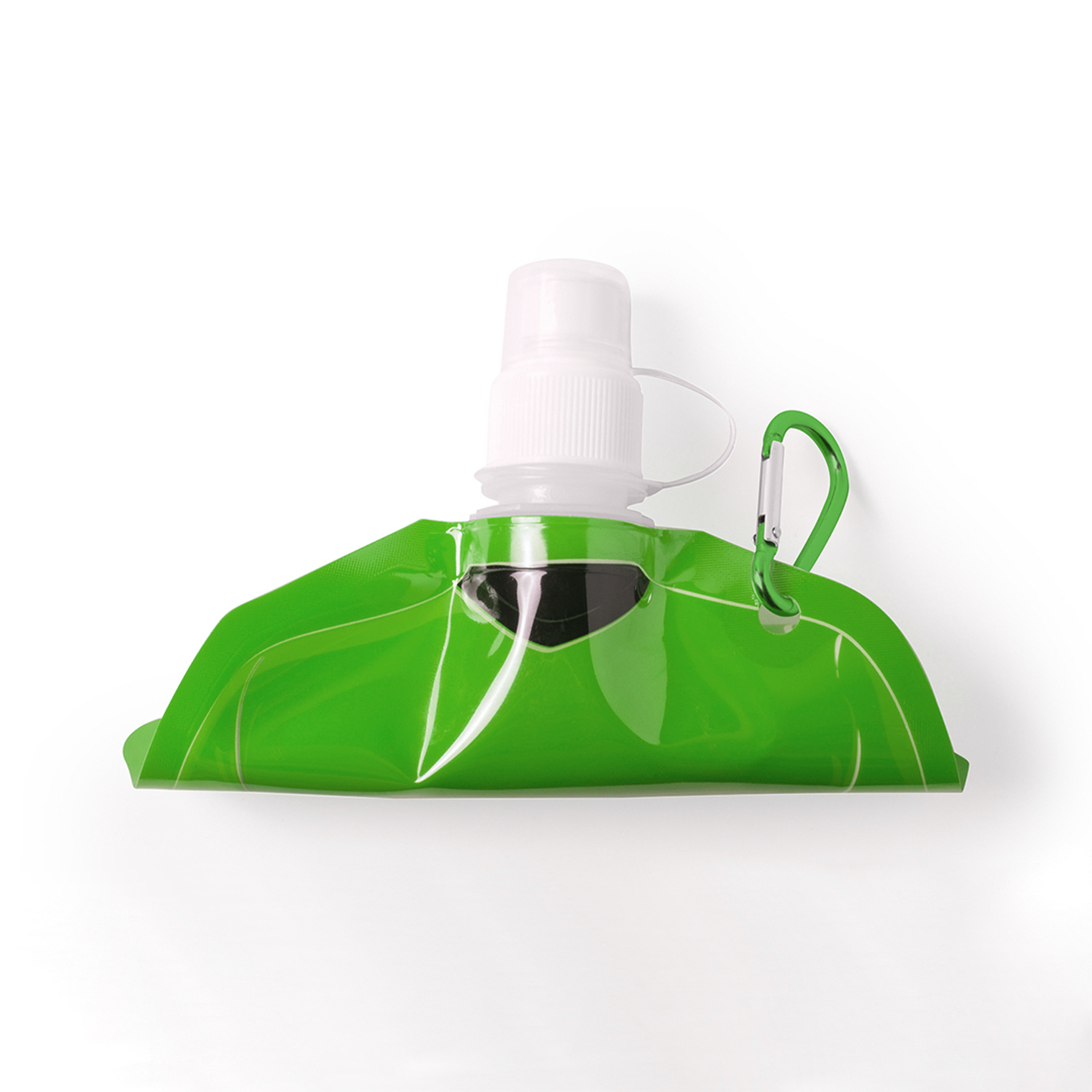Bolsa de líquido verde con tapa blanca y mosquetón verde. Fondo blanco.