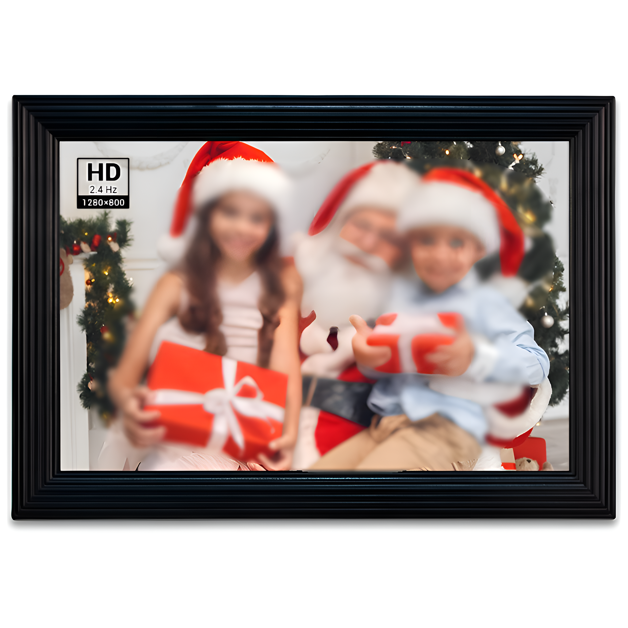 Ein gerahmtes Bild von Santa mit verschwommenen Kindern mit Geschenken.
