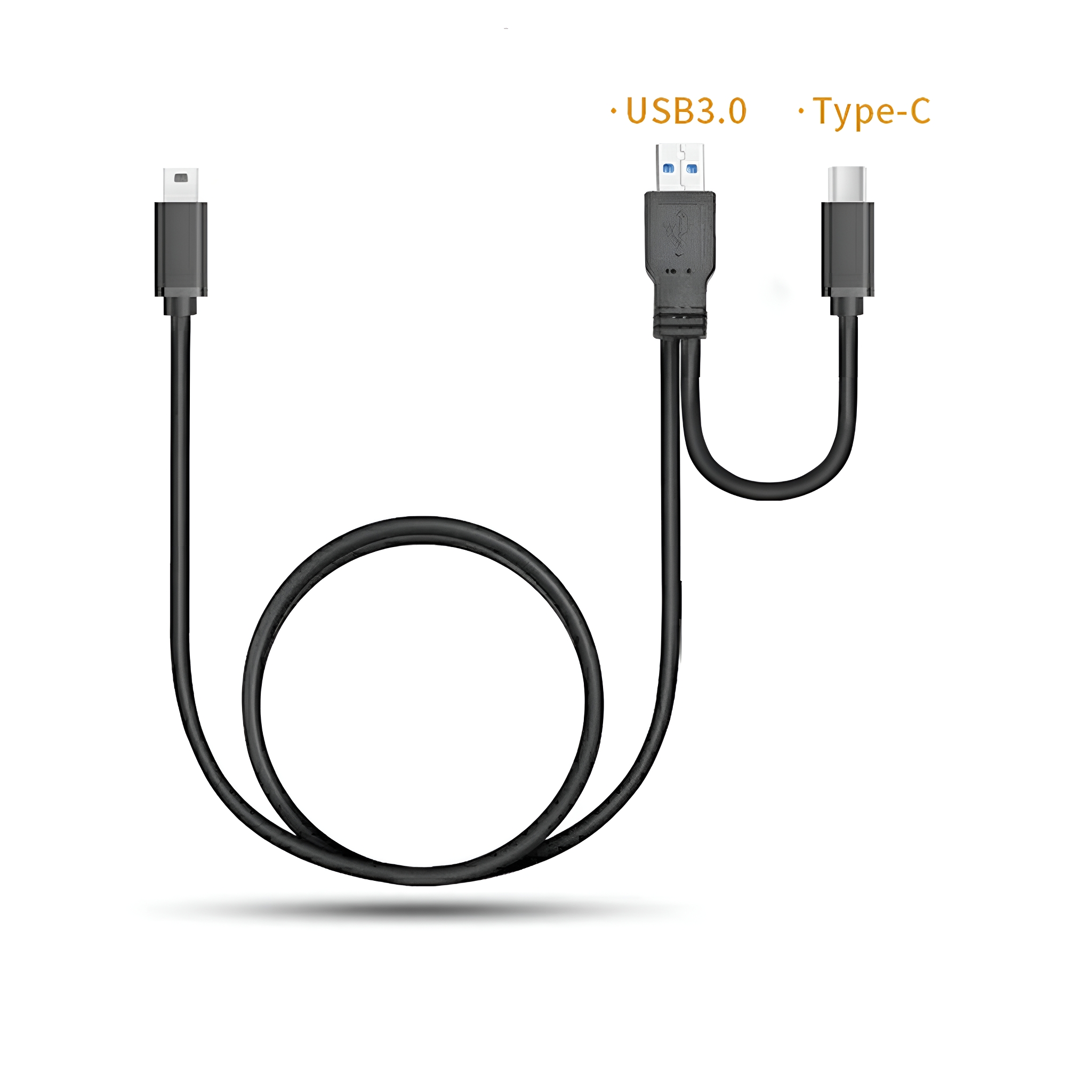 Schwarzes USB-Kabel mit USB 3.0- und Typ-C-Anschlüssen. Weißer Hintergrund.