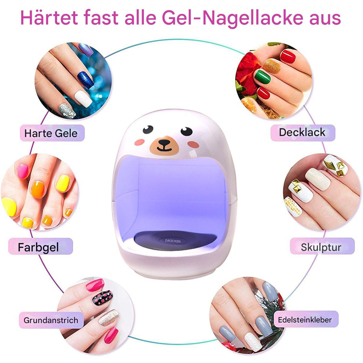 Eine Nagelkunstmaschine und Beispiele für Nagelkunst. Verschiedene Farben und Designs werden gezeigt.