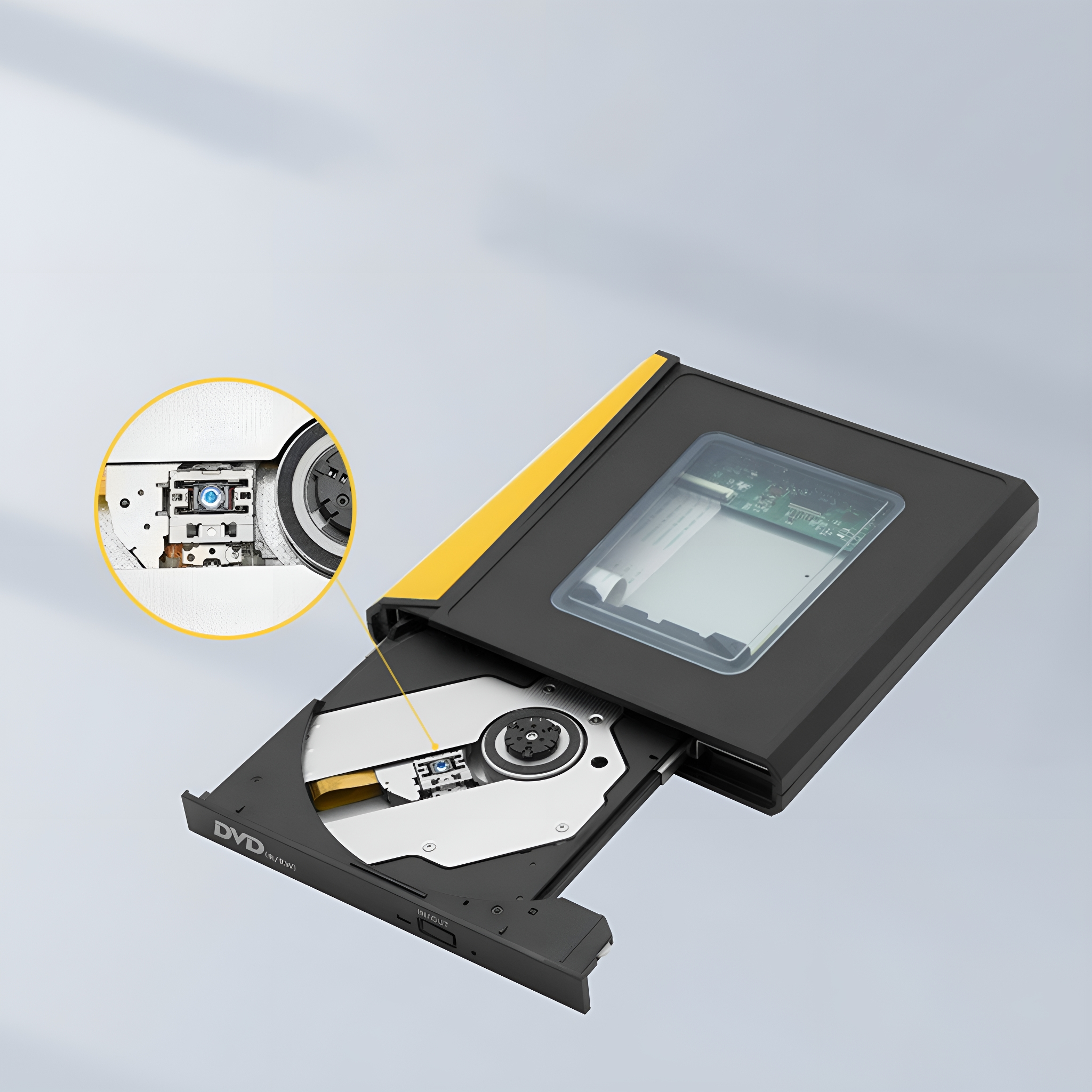 DVD-Laufwerk mit eingelegter Disc und Nahaufnahme des Laserkopfes.