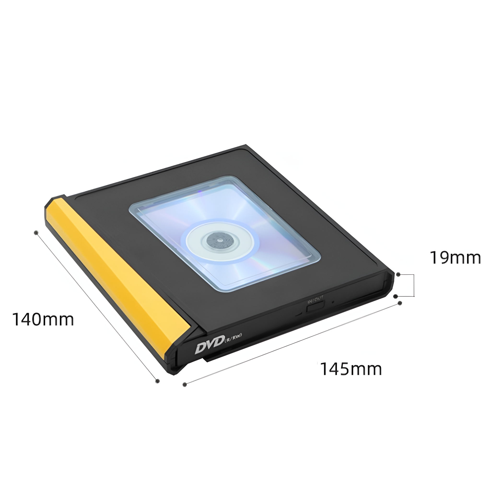 Ein schwarz-gelber DVD-Player mit einer DVD im Inneren, mit in mm beschrifteten Abmessungen.