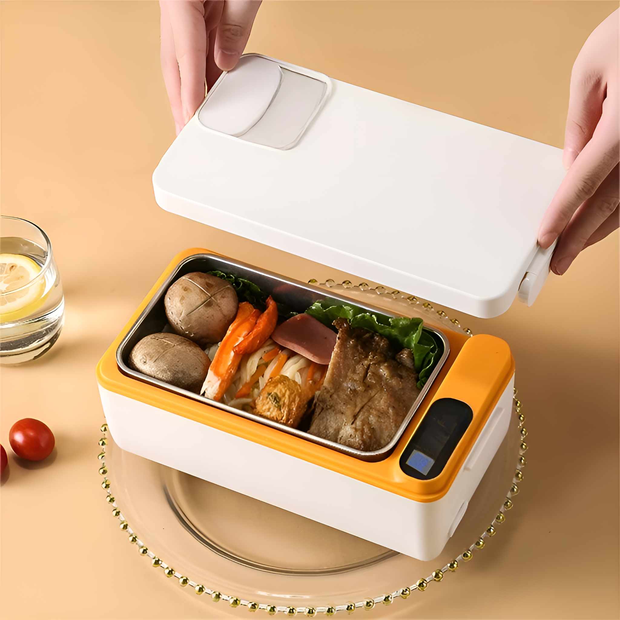 Eine Lunchbox mit Essen, von Händen geöffnet, auf einem Glasteller und beigem Hintergrund.