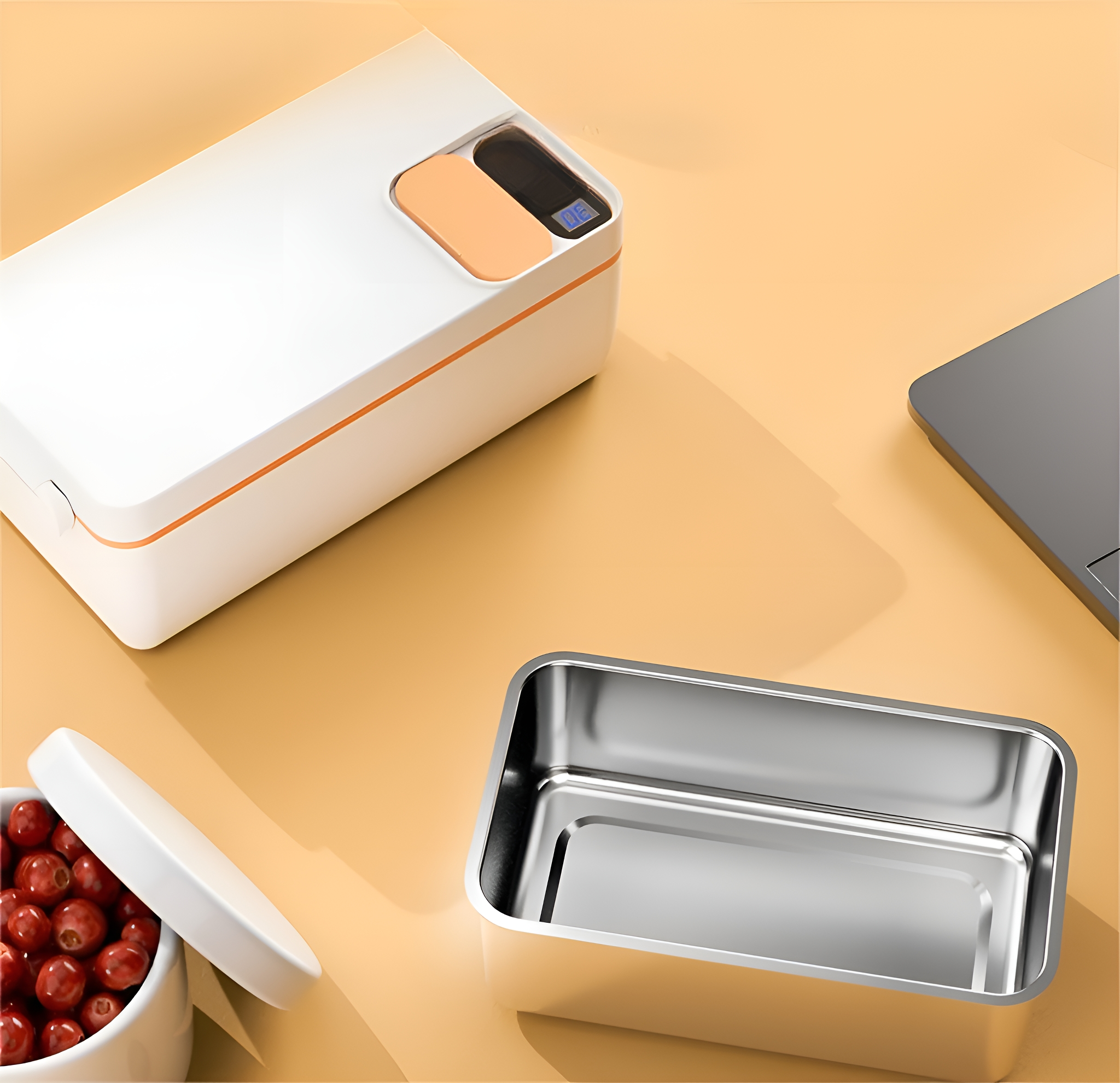Weiße Lunchbox mit orangefarbenem Akzent, offener Edelstahlbehälter und eine Schüssel Beeren.