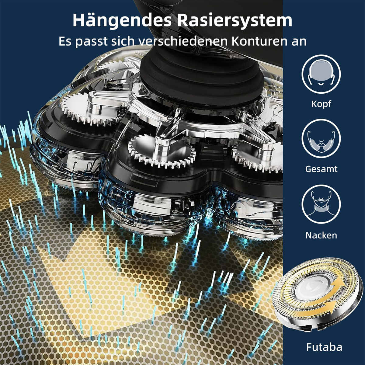 Nahaufnahme eines elektrischen Rasierers, der seine Teile zeigt. Das Bild hat technische Illustrationen.