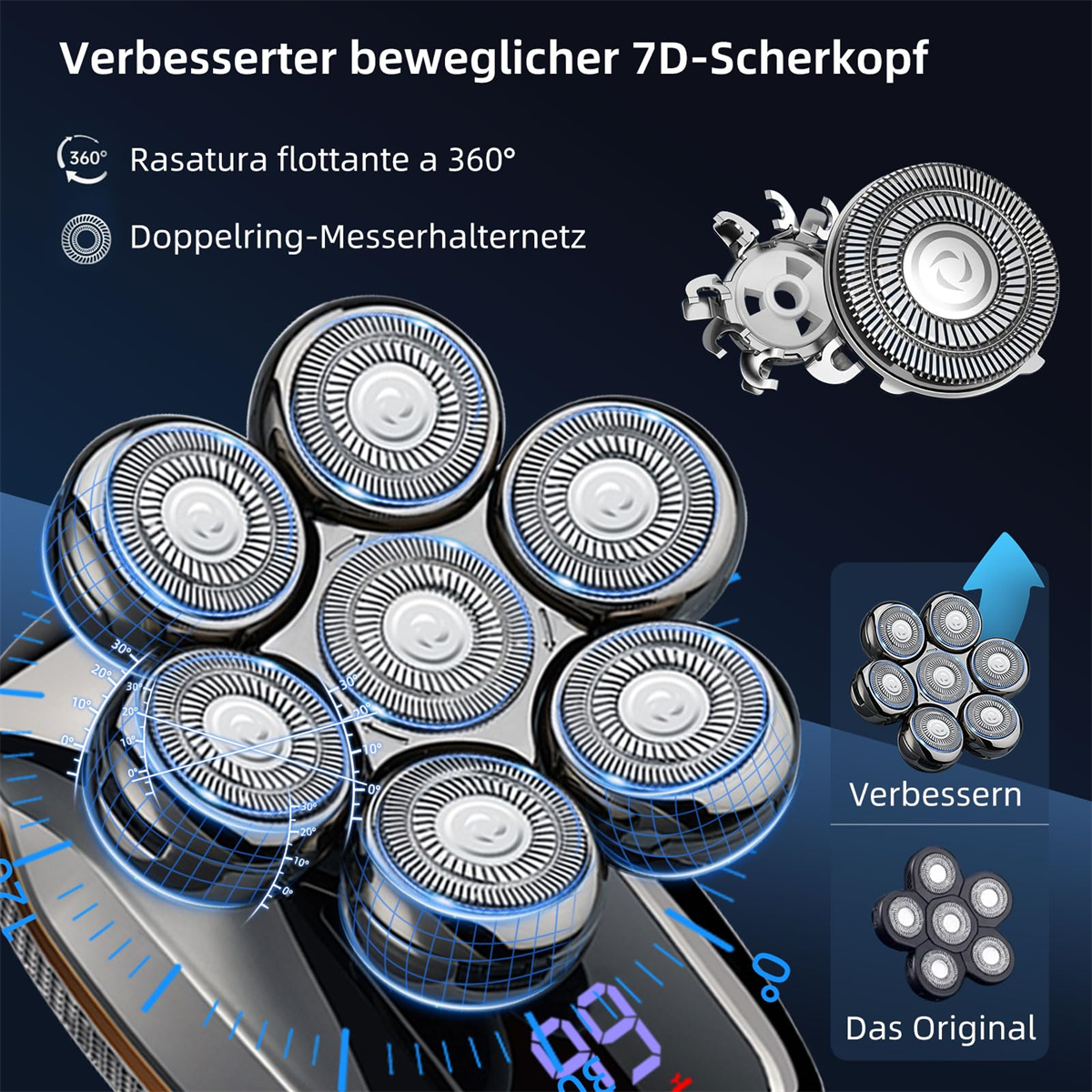 Nahaufnahme eines Elektrorasierers mit sieben rotierenden Köpfen und einem Digitaldisplay.