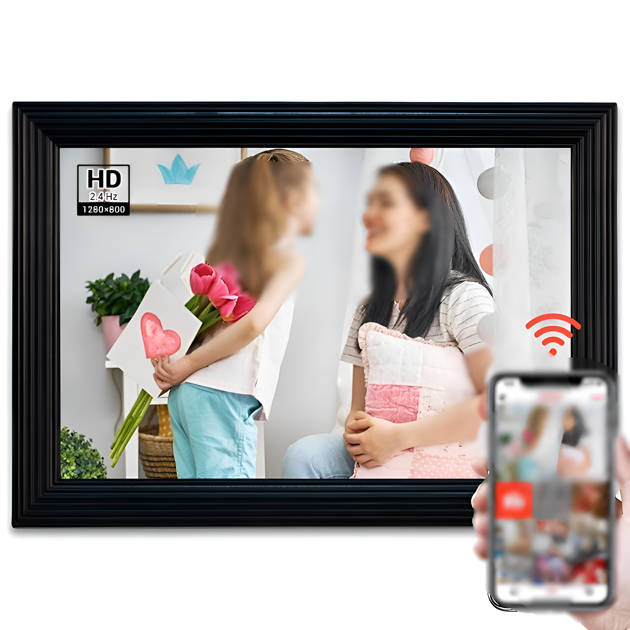 Digitaler Bilderrahmen zeigt verschwommenes Bild von Mädchen, Frau und Telefon mit verschwommenem Bild.