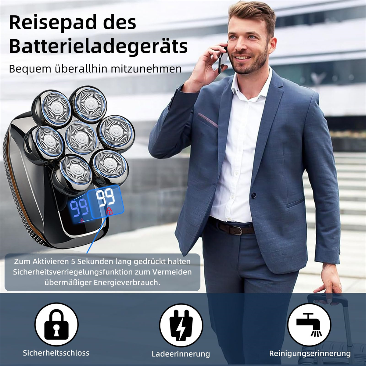 Ein Mann im Anzug telefoniert, mit Rasierer und Zubehör und Text.