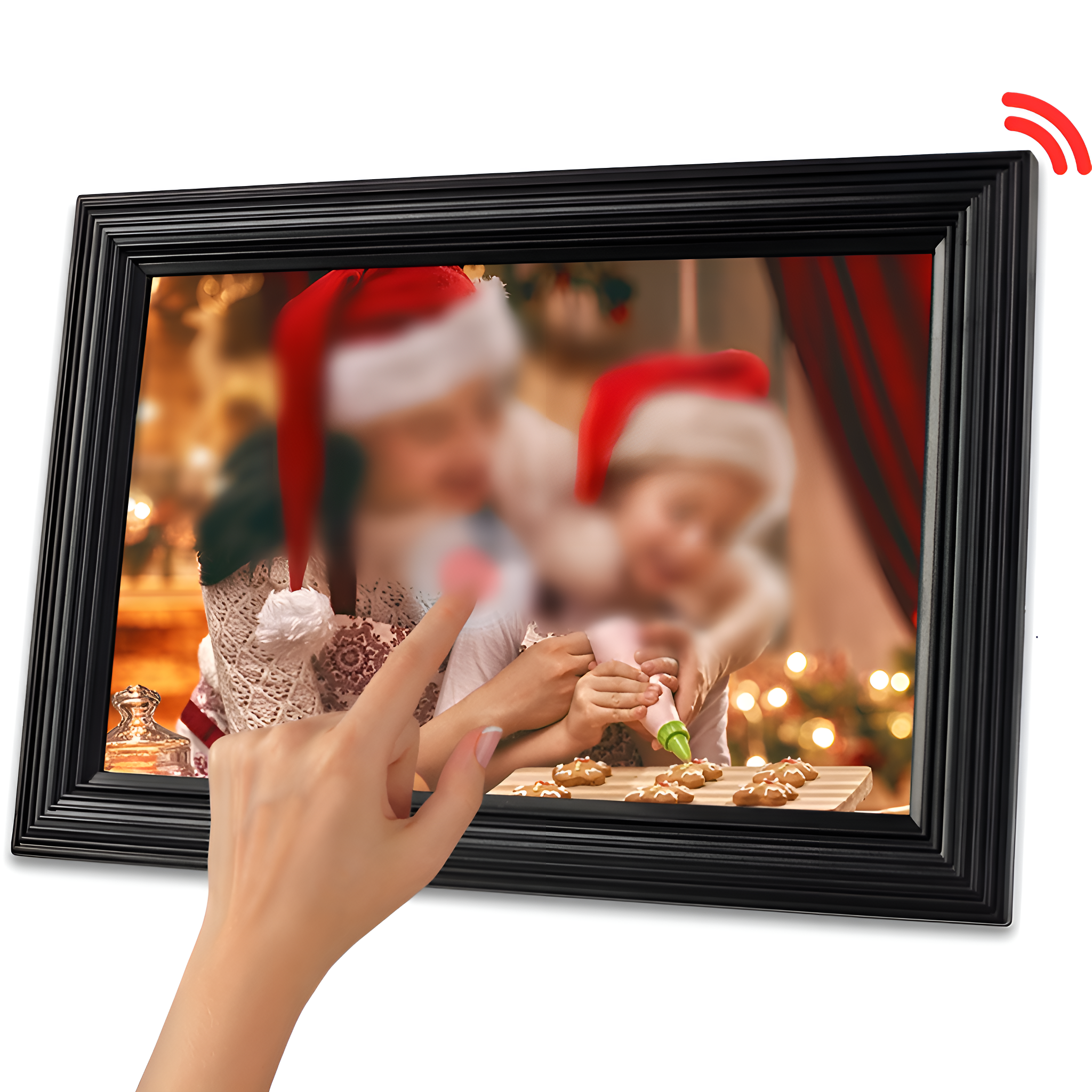 Ein digitaler Bilderrahmen mit einer Weihnachtsszene, ein Finger berührt den Rahmen.