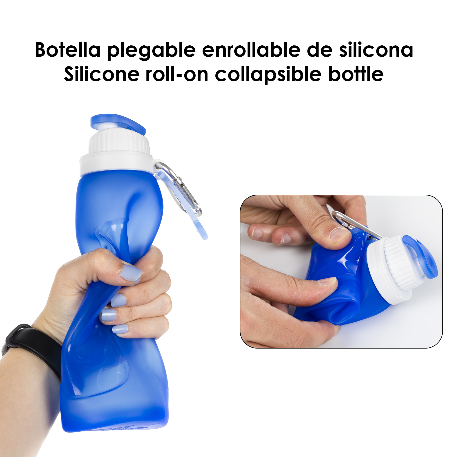 Eine blaue, faltbare Wasserflasche, die gehalten und im gefalteten und ungefalteten Zustand gezeigt wird.