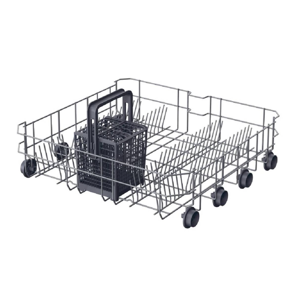 Cesta de lavavajillas con soporte para cubiertos y ruedas.