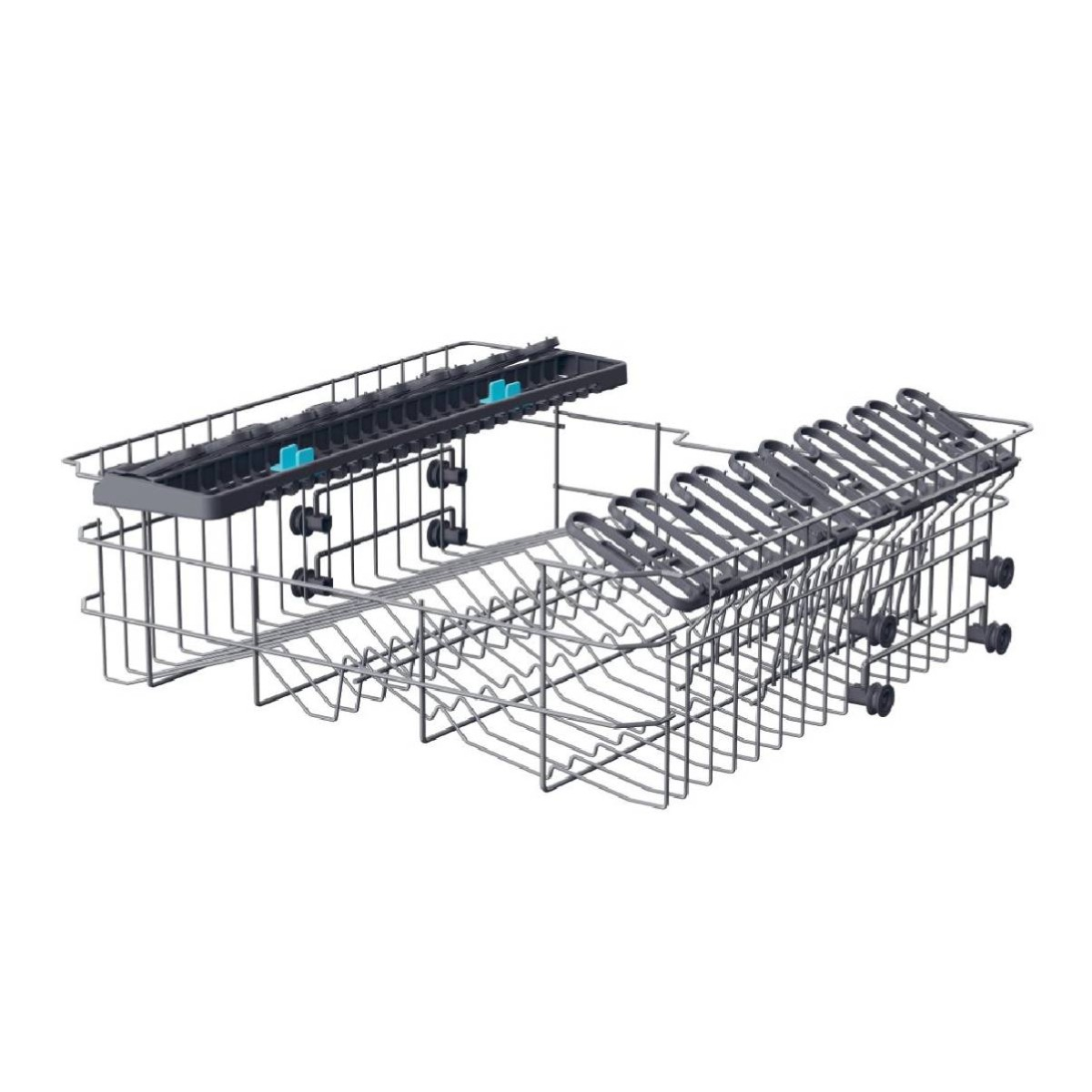 Cesta de lavavajillas con múltiples secciones y rieles para sujetar platos y cubiertos.
