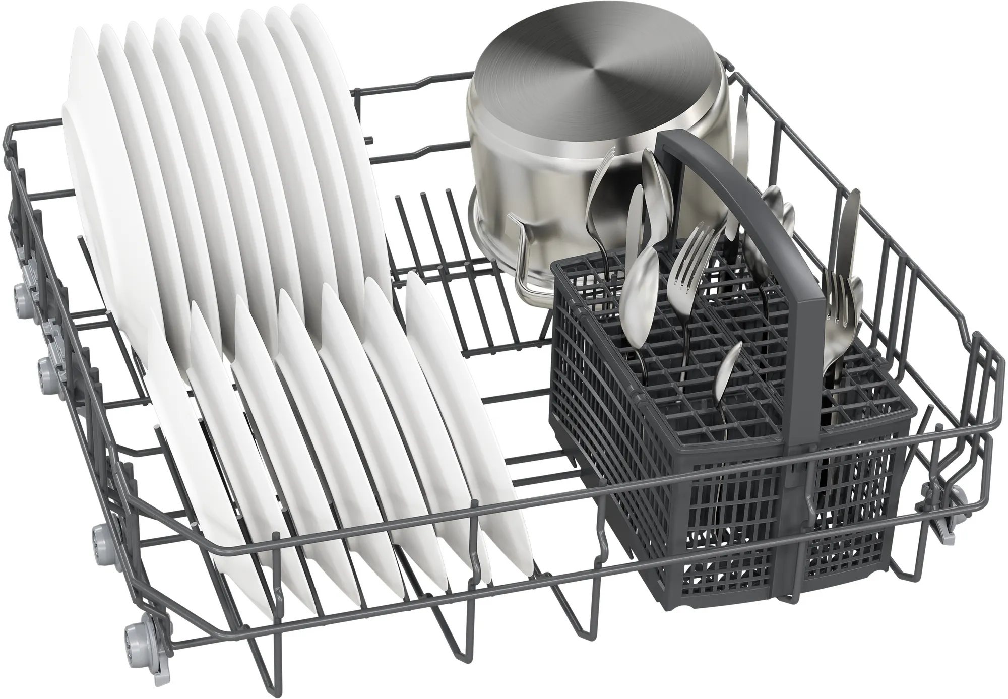 Regał zmywarki załadowany talerzami, garnkiem, sztućcami i przyborami. Ciemnoszary regał.