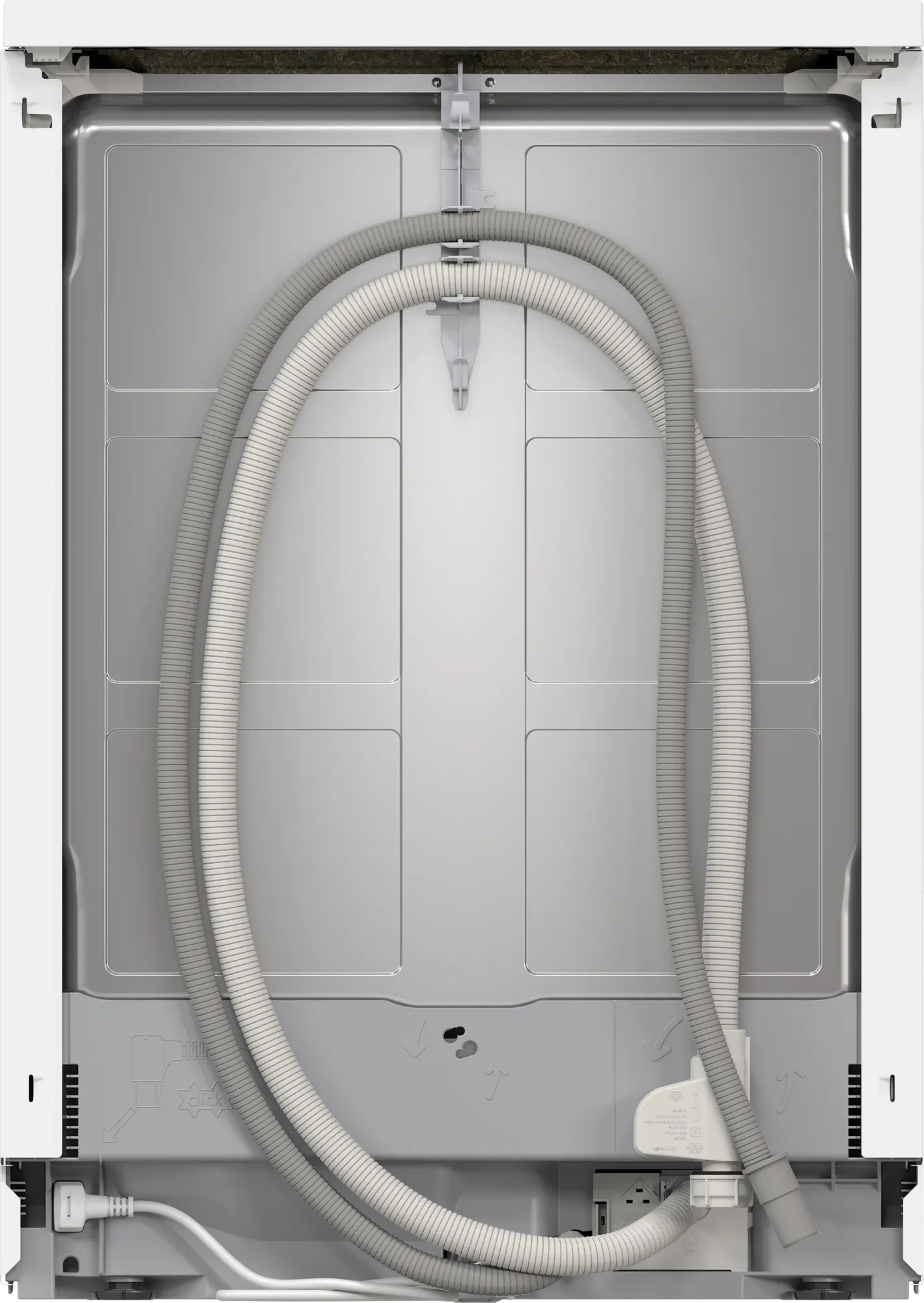 Dos d'un lave-vaisselle blanc avec tuyaux et composants électriques visibles.