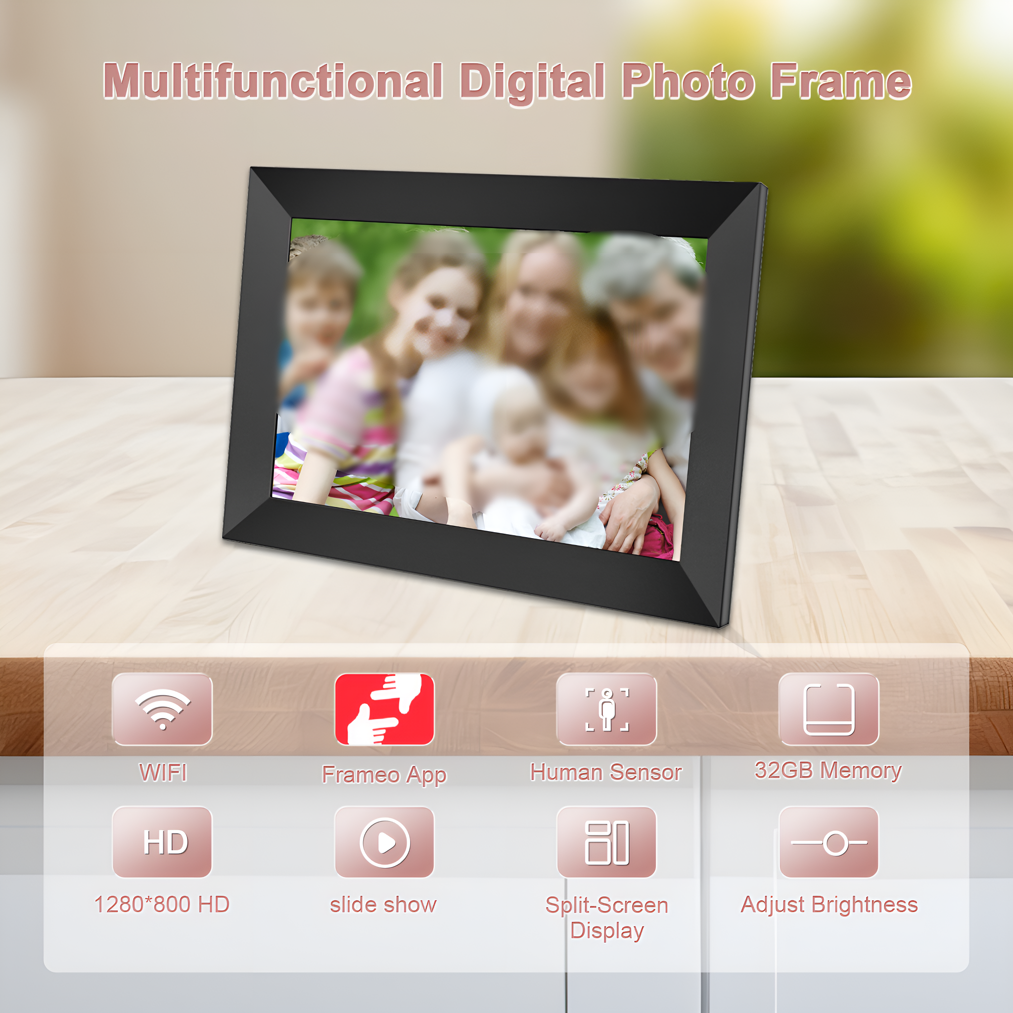 Ein digitaler Bilderrahmen zeigt ein verschwommenes Familienfoto. Symbole für WLAN, App, Sensor, Speicher, Diashow und Helligkeit.