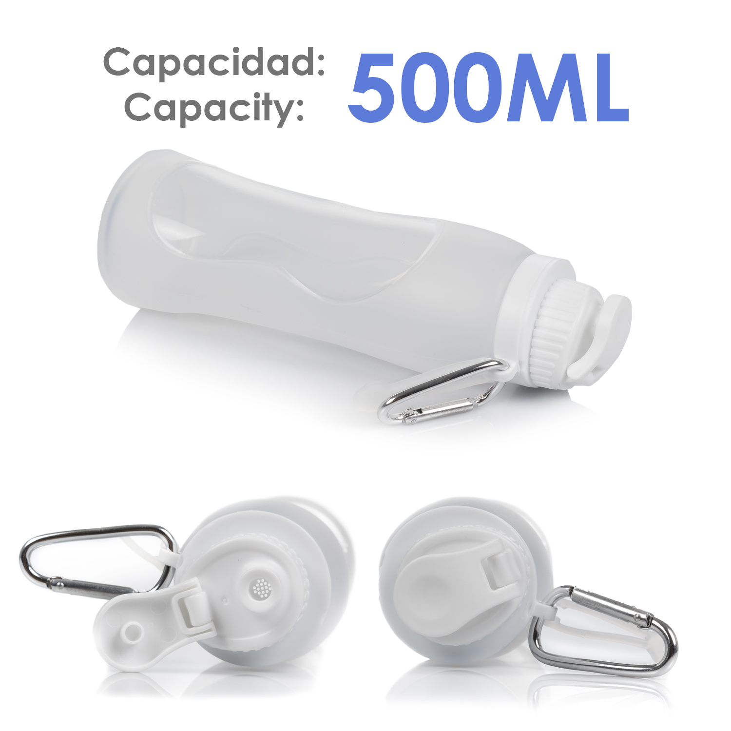 Eine weiße Wasserflasche mit Karabiner. Oben steht 'Capacity: 500ML'.