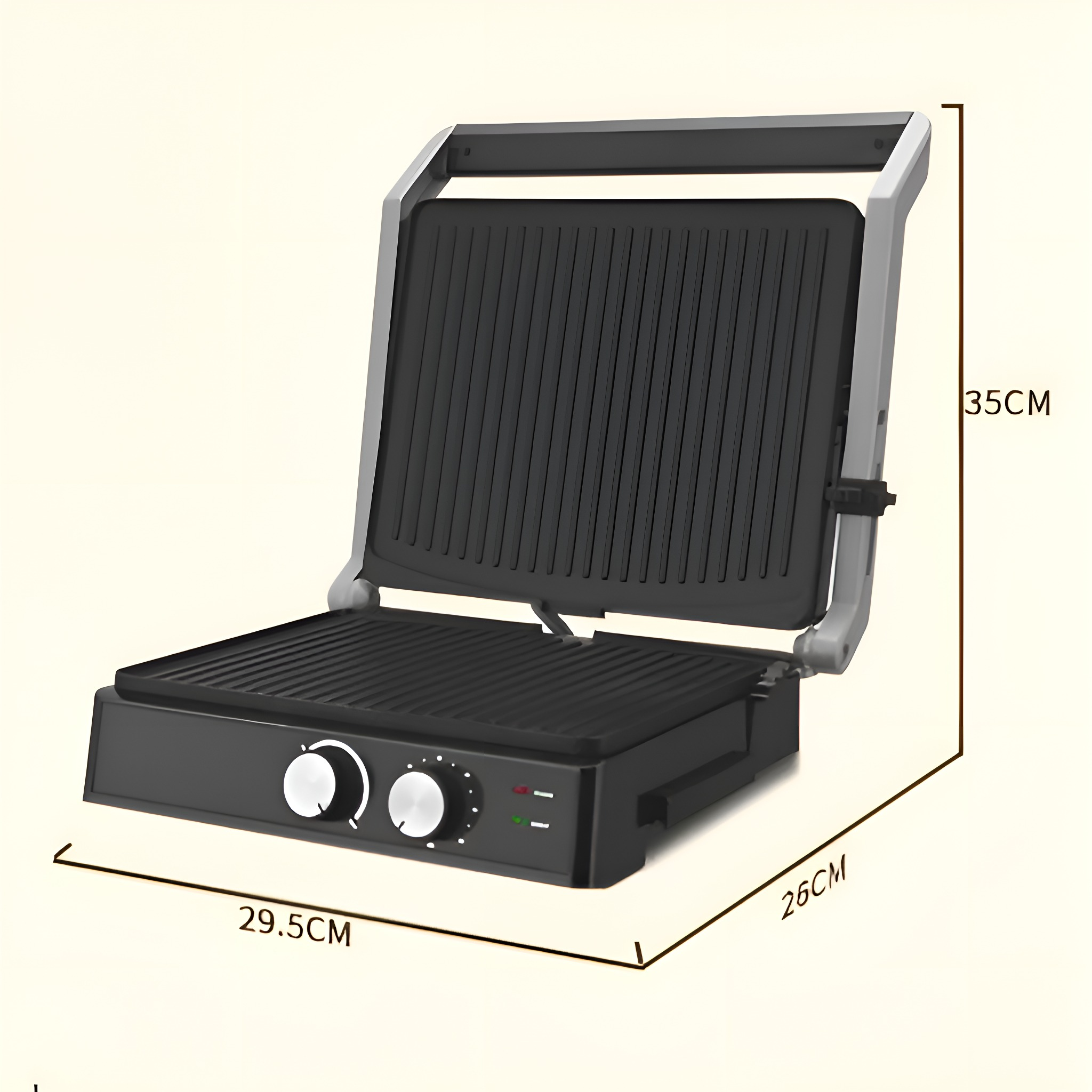 Ein schwarzer, offener Grill mit Griff, Knöpfen und in Zentimetern beschrifteten Abmessungen.