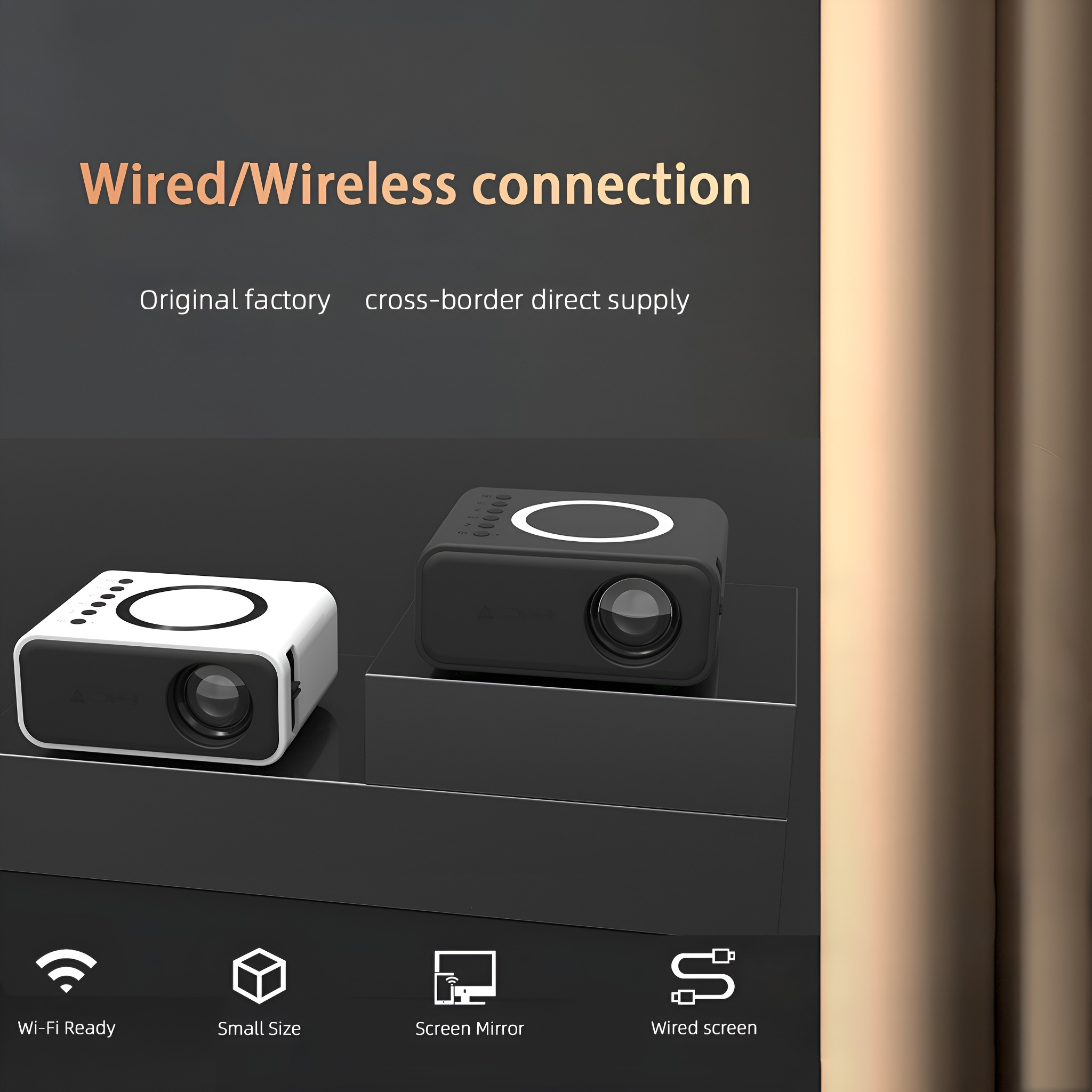 Zwei Projektoren, einer weiß und einer schwarz, auf dunkler Oberfläche. Symbole für Wi-Fi, geringe Größe, Screen Mirror und Kabel.