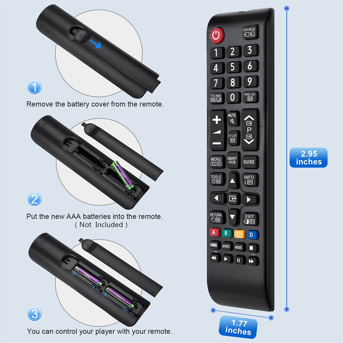 Anweisungen zum Einlegen von Batterien in eine TV-Fernbedienung. Die Fernbedienung ist schwarz und hat viele Tasten.