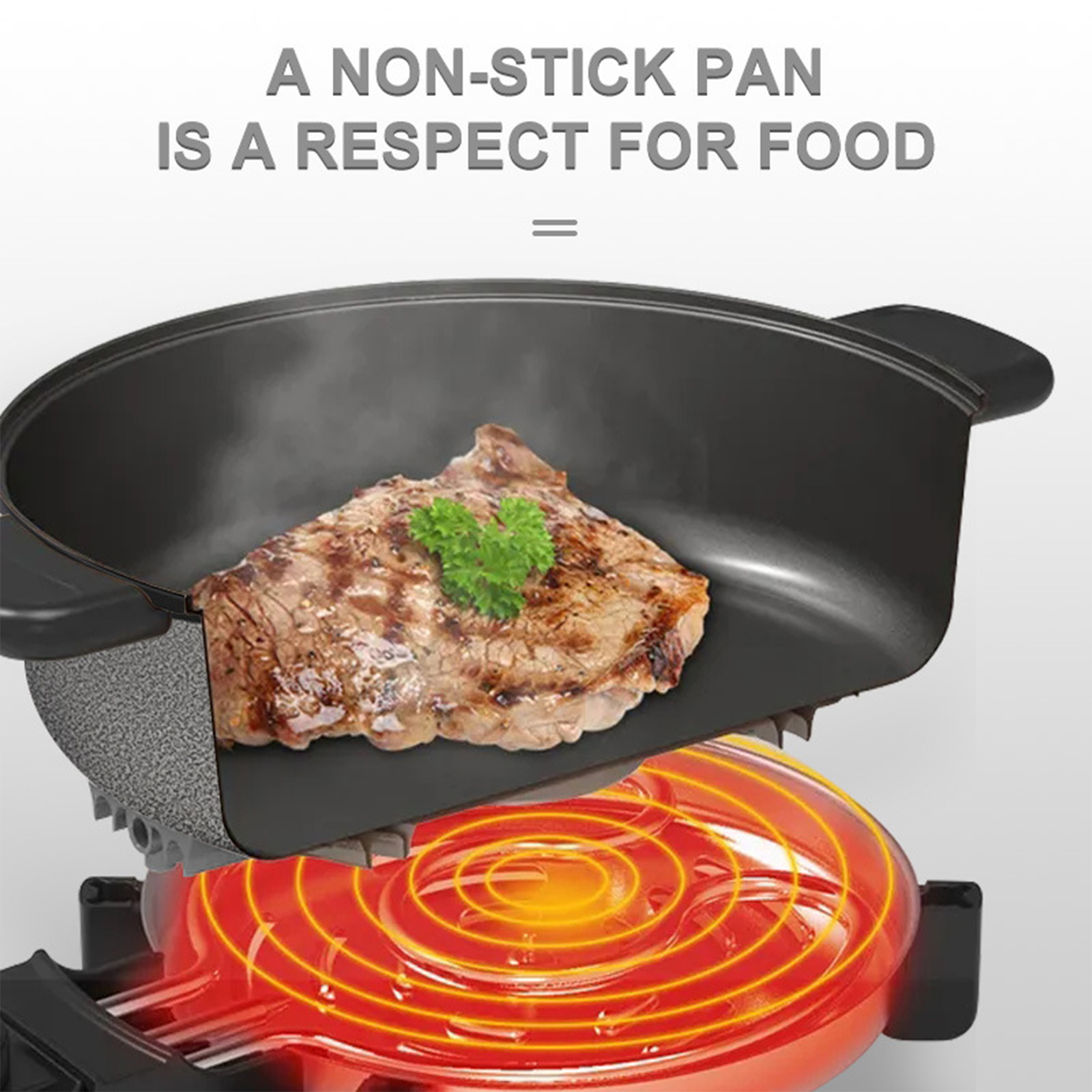 Eine Antihaftpfanne mit einem Steak und einem Petersilienzweig darauf. Die Pfanne steht auf einem roten, heißen Herd.