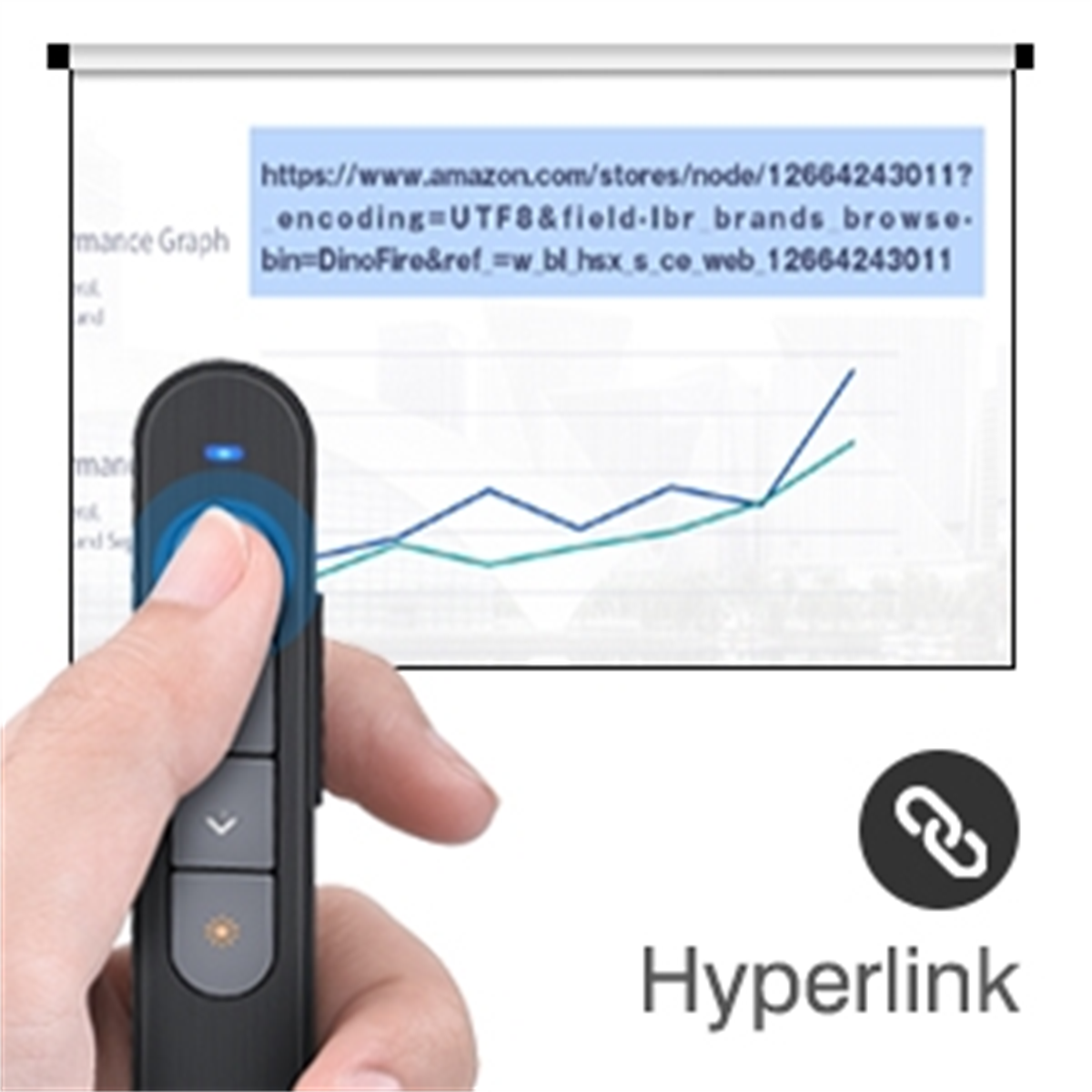 Eine Hand, die auf ein Diagramm auf einem Bildschirm zeigt, mit einem Hyperlink.