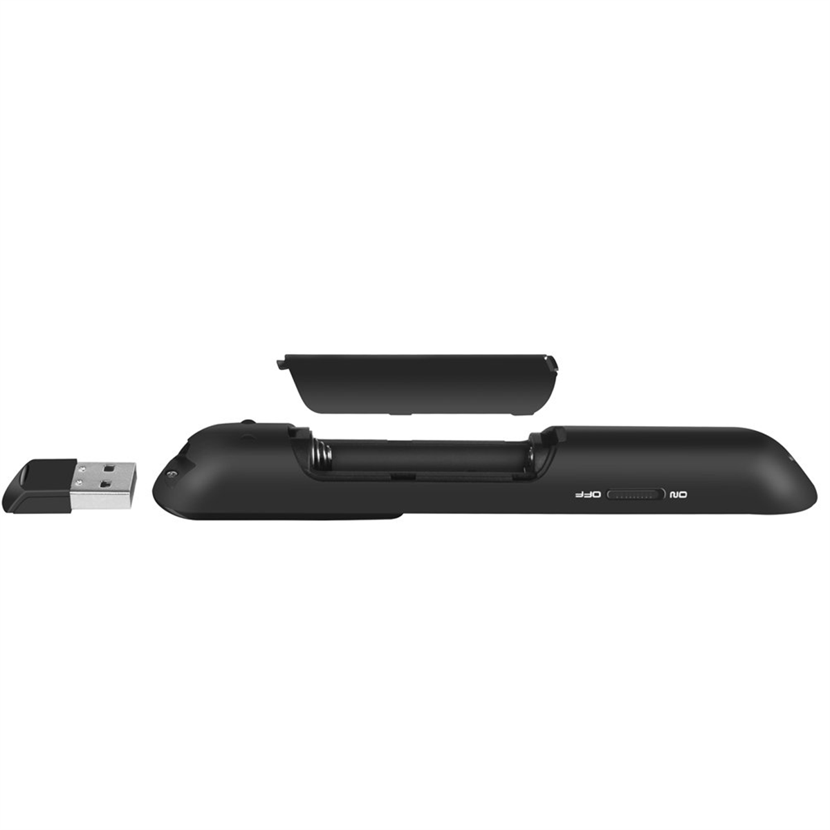Eine schwarze Fernbedienung mit offenem Batteriefach. Ein USB-Dongle ist sichtbar. Ein/Aus-Schalter.
