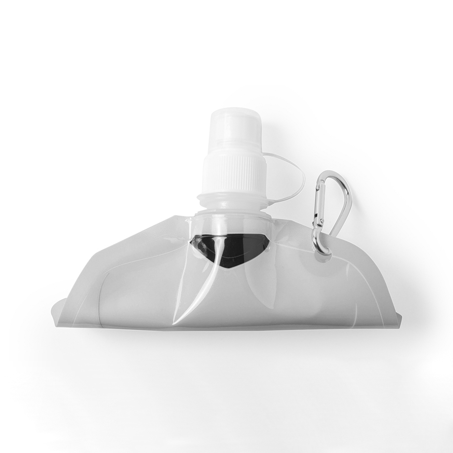 Una botella de agua transparente y plegable con boquilla blanca y mosquetón plateado.