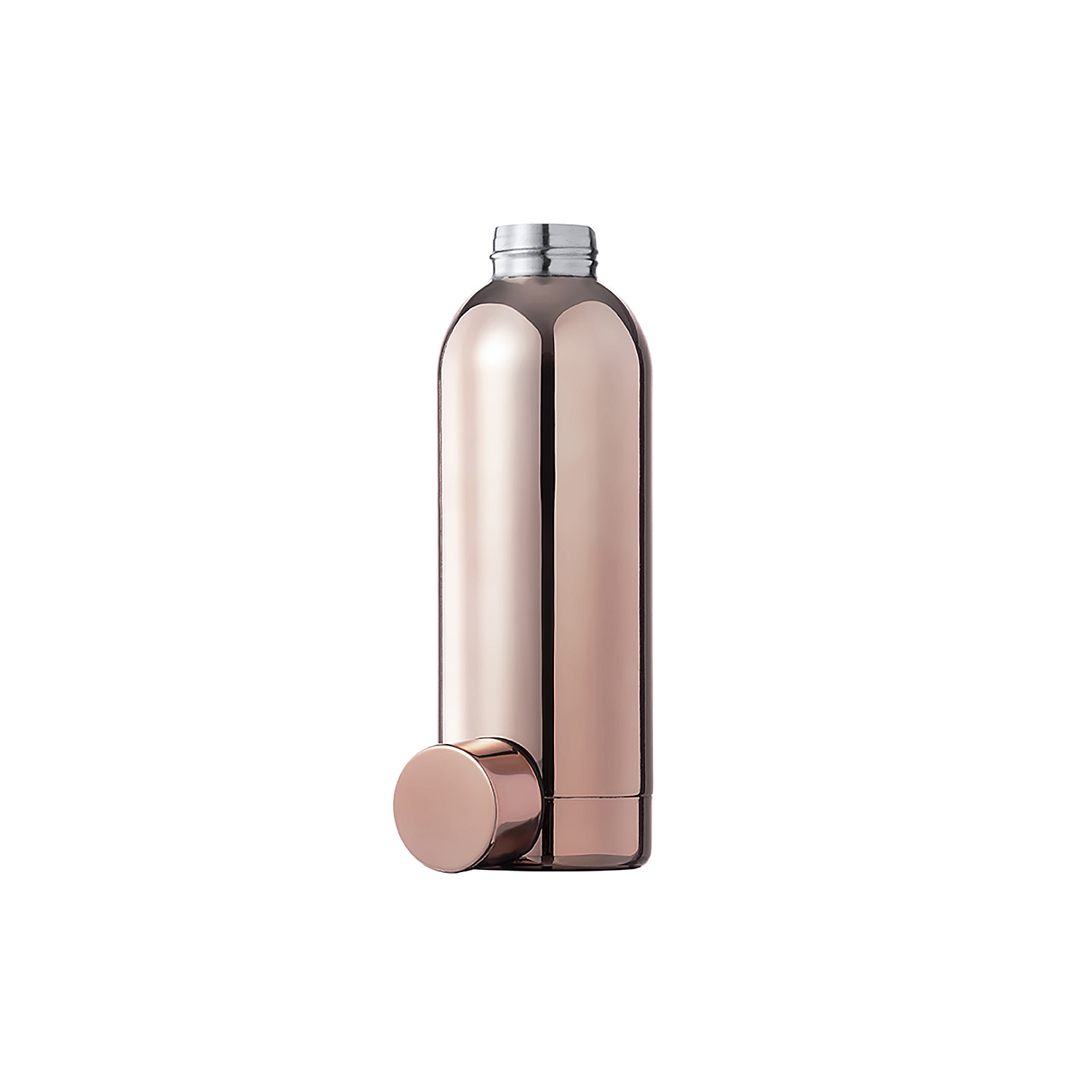 Borraccia oro rosa con il tappo accanto, su sfondo bianco.
