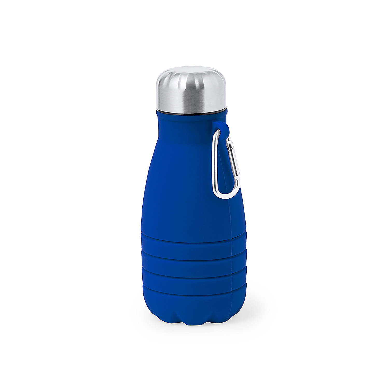 Una botella de agua azul plegable con tapa plateada y mosquetón plateado.