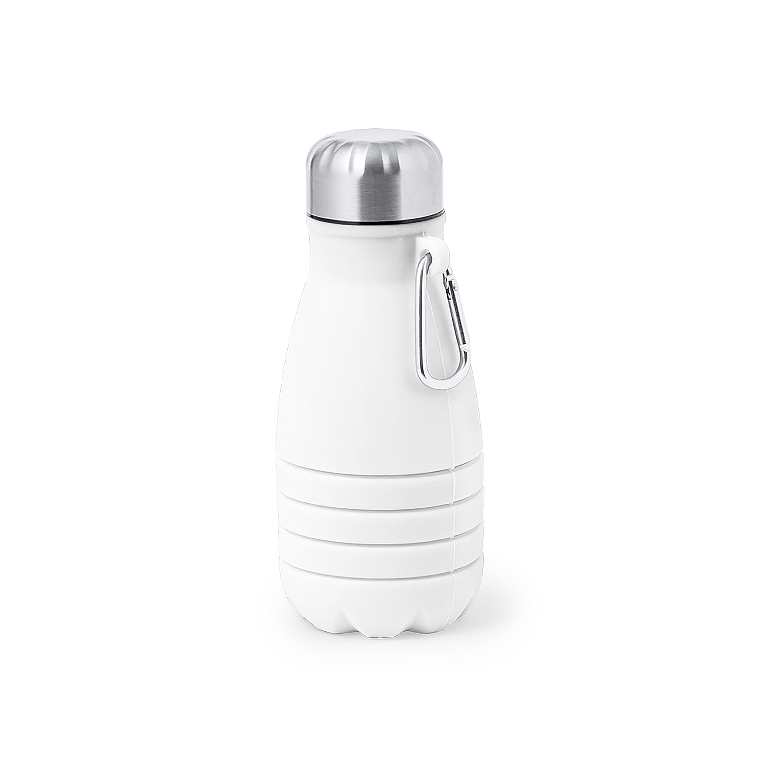 Una botella de agua plegable blanca con mosquetón plateado, sobre fondo blanco.