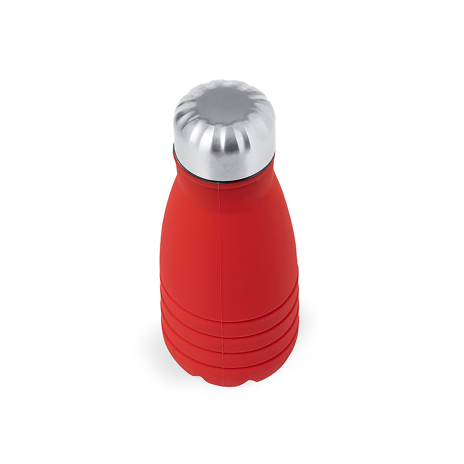 Una botella de agua roja con tapa plateada sobre fondo blanco. La botella tiene un diseño curvilíneo.