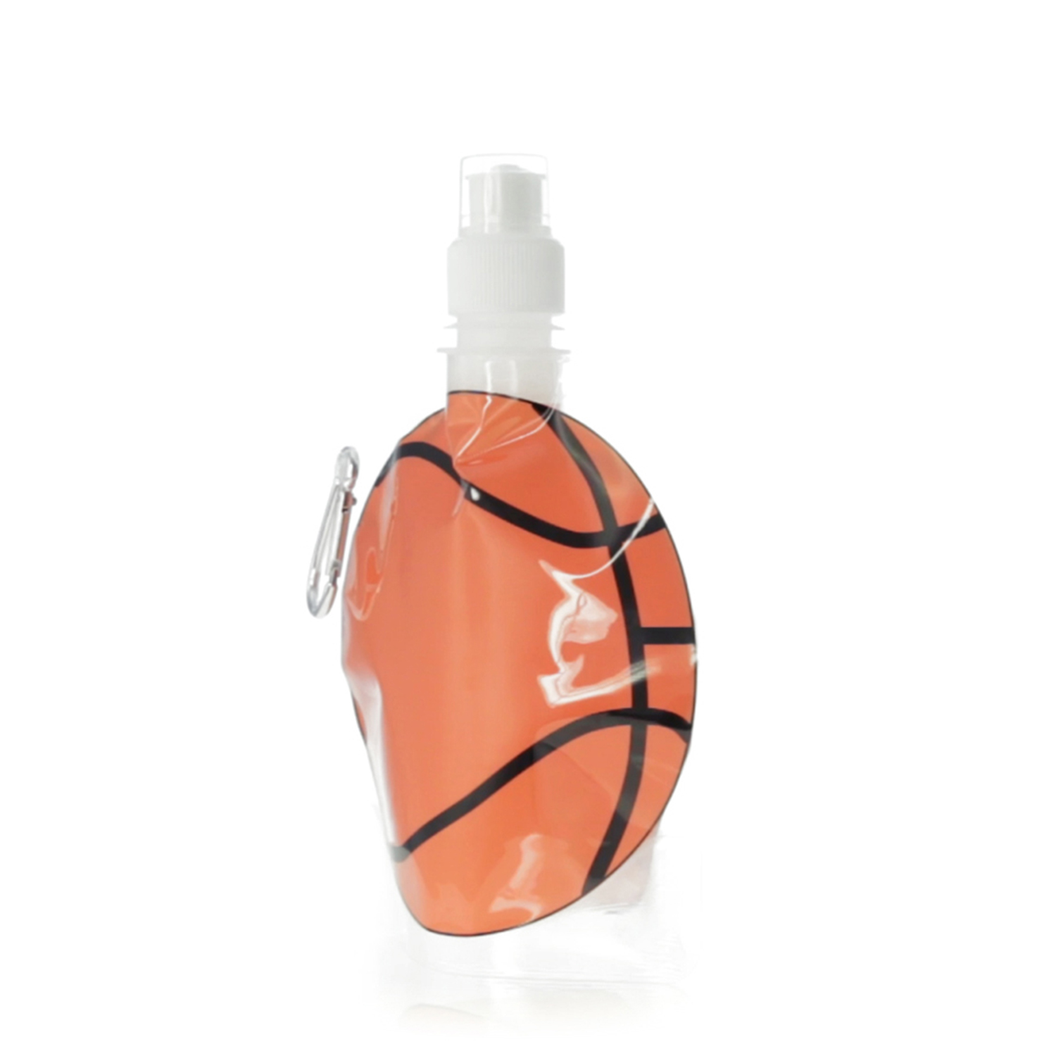 Borraccia arancione pieghevole a tema basket con tappo bianco e moschettone argentato. Sfondo bianco.
