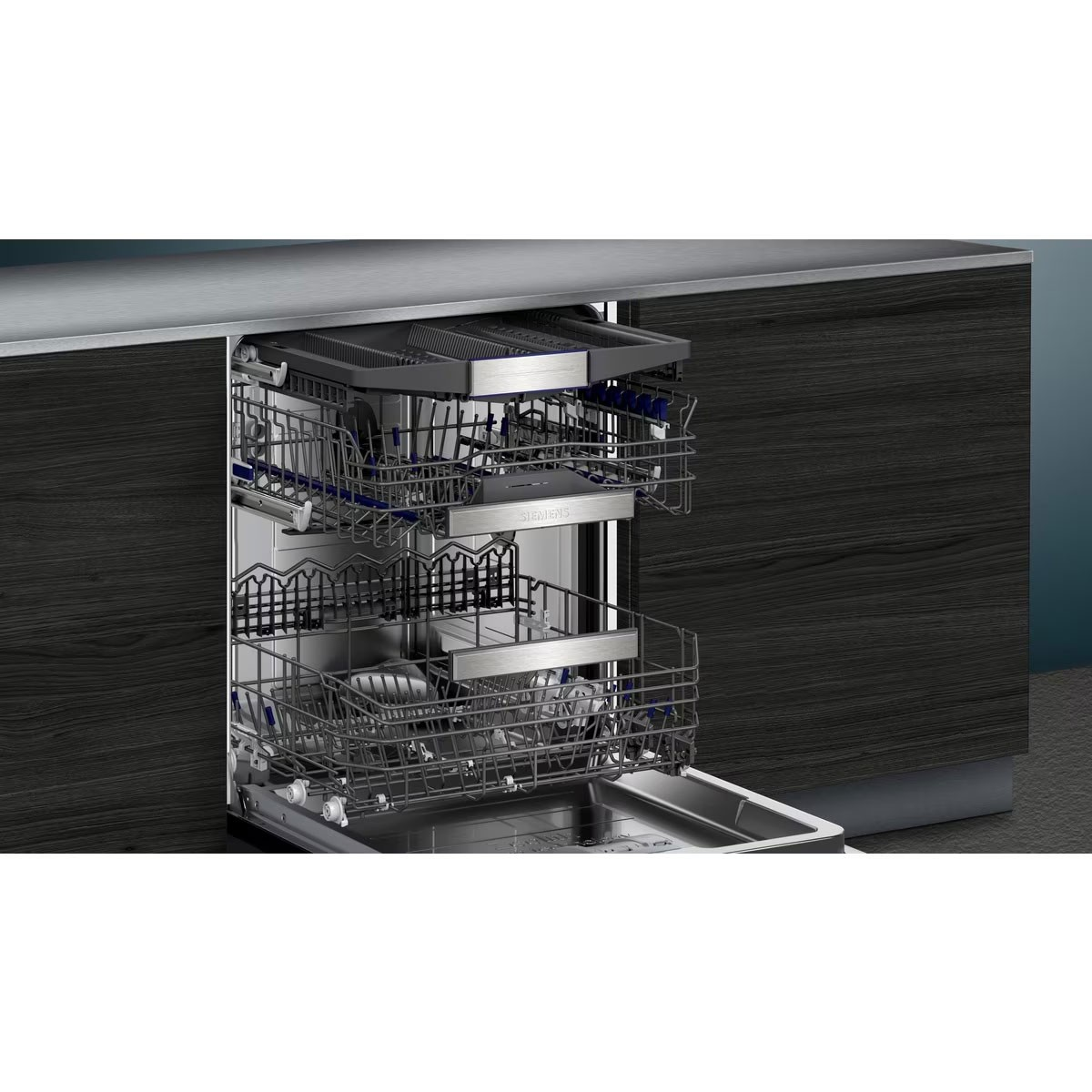 Dishwasher interior with racks and silverware baskets, open showing the inside.