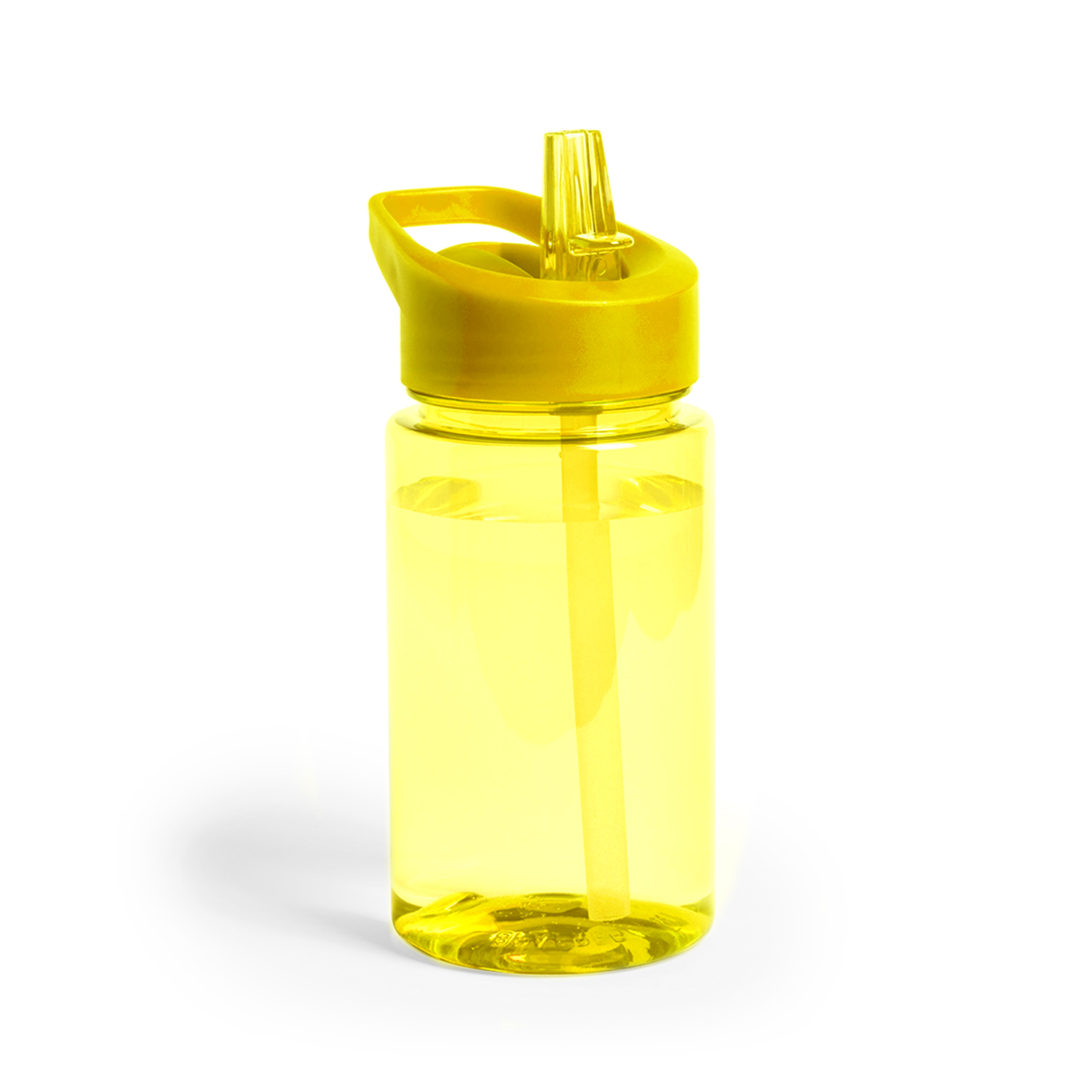 Botella de agua amarilla con pajita amarilla, sobre fondo blanco. La tapa es amarilla y está abierta.