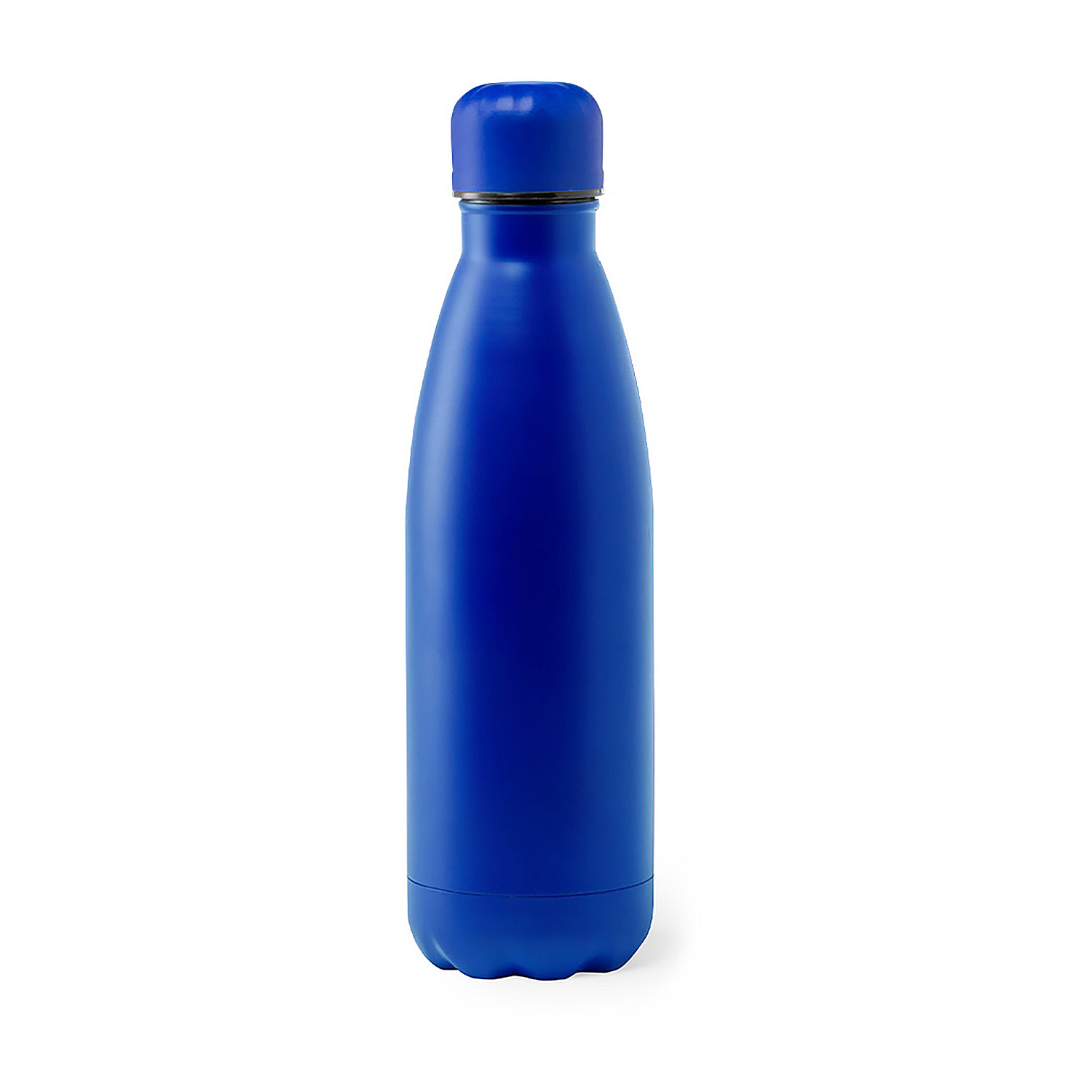 Botella de agua azul, de pie, sobre un fondo blanco.