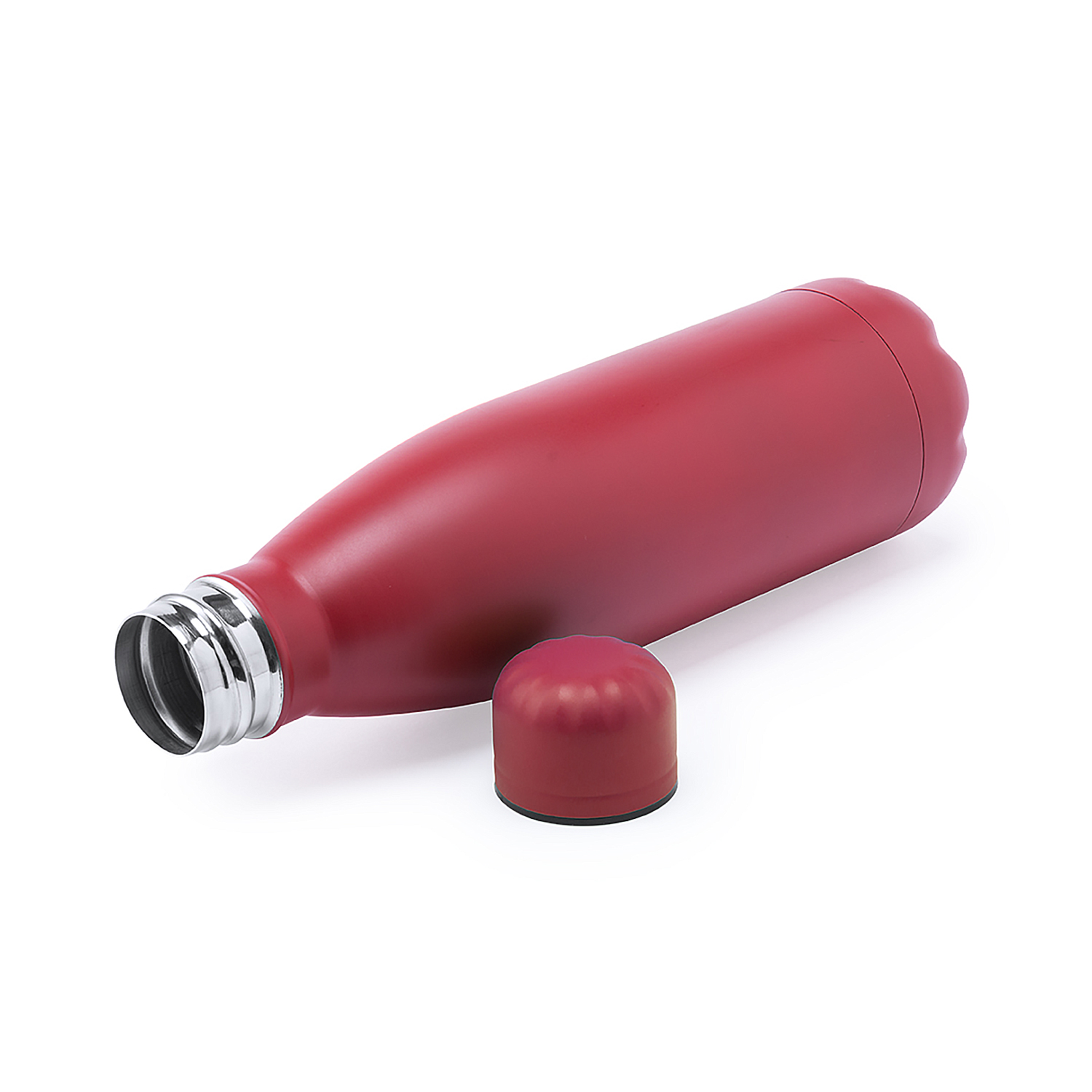Una botella de agua roja con tapa a juego sobre un fondo blanco.