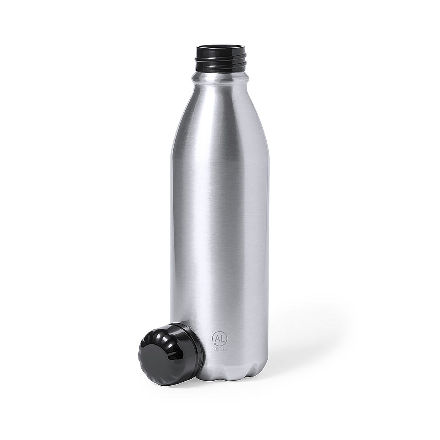 Botella de agua plateada con tapa negra.