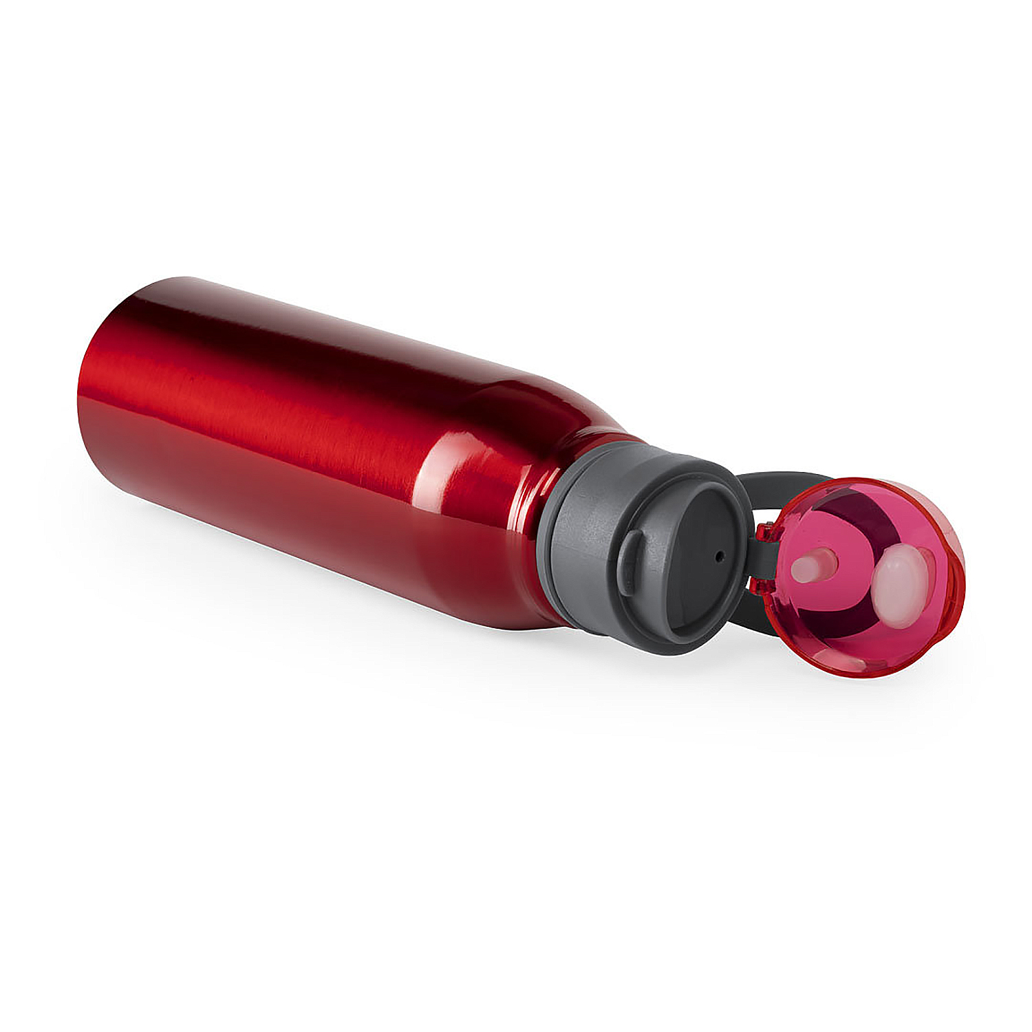 Botella de agua roja tumbada con tapa abierta, diseño negro y rosa.