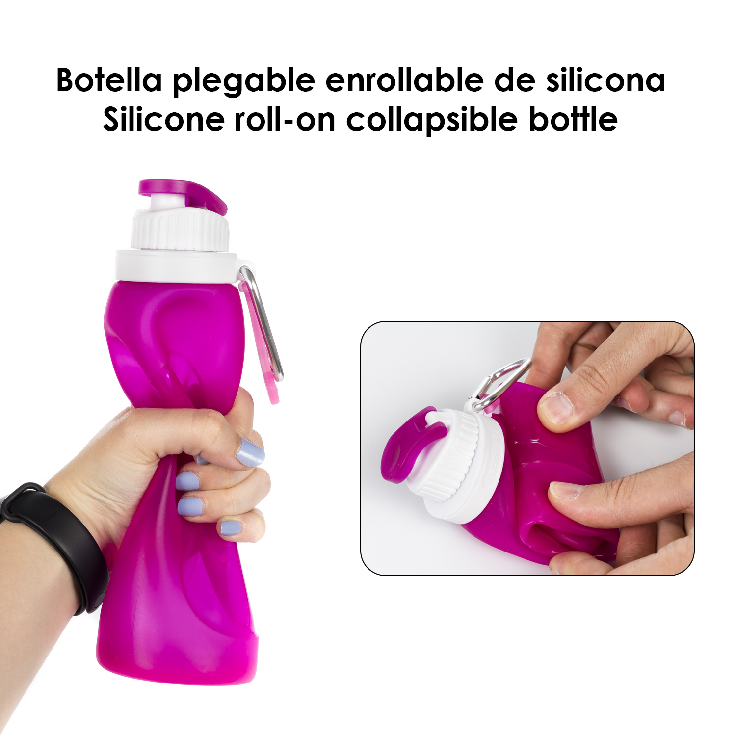 Rosa zusammenklappbare Wasserflasche, die von einer Hand zusammengedrückt wird.