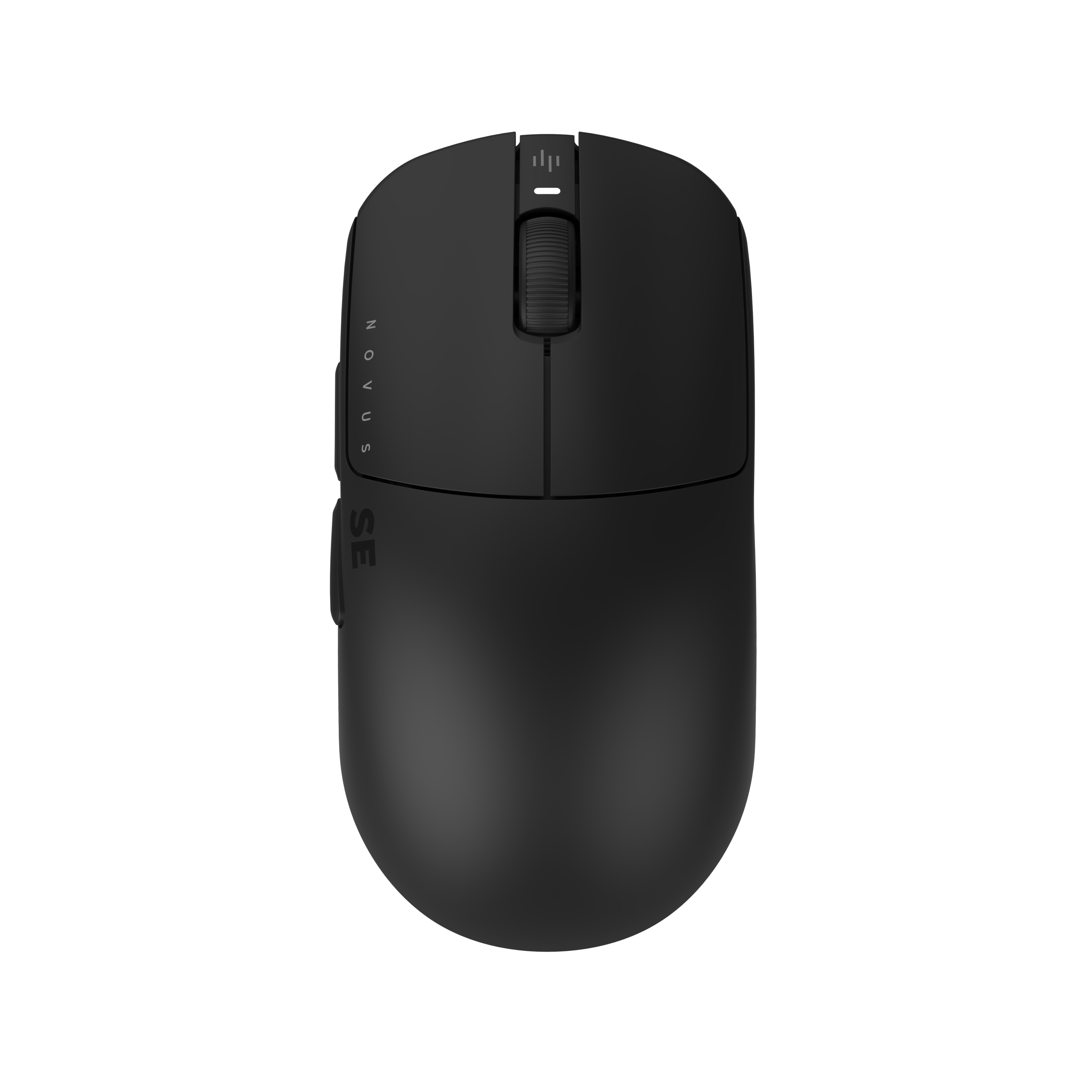 Eine schwarze Computermaus mit einem Scrollrad und Tasten auf schwarzem Hintergrund.
