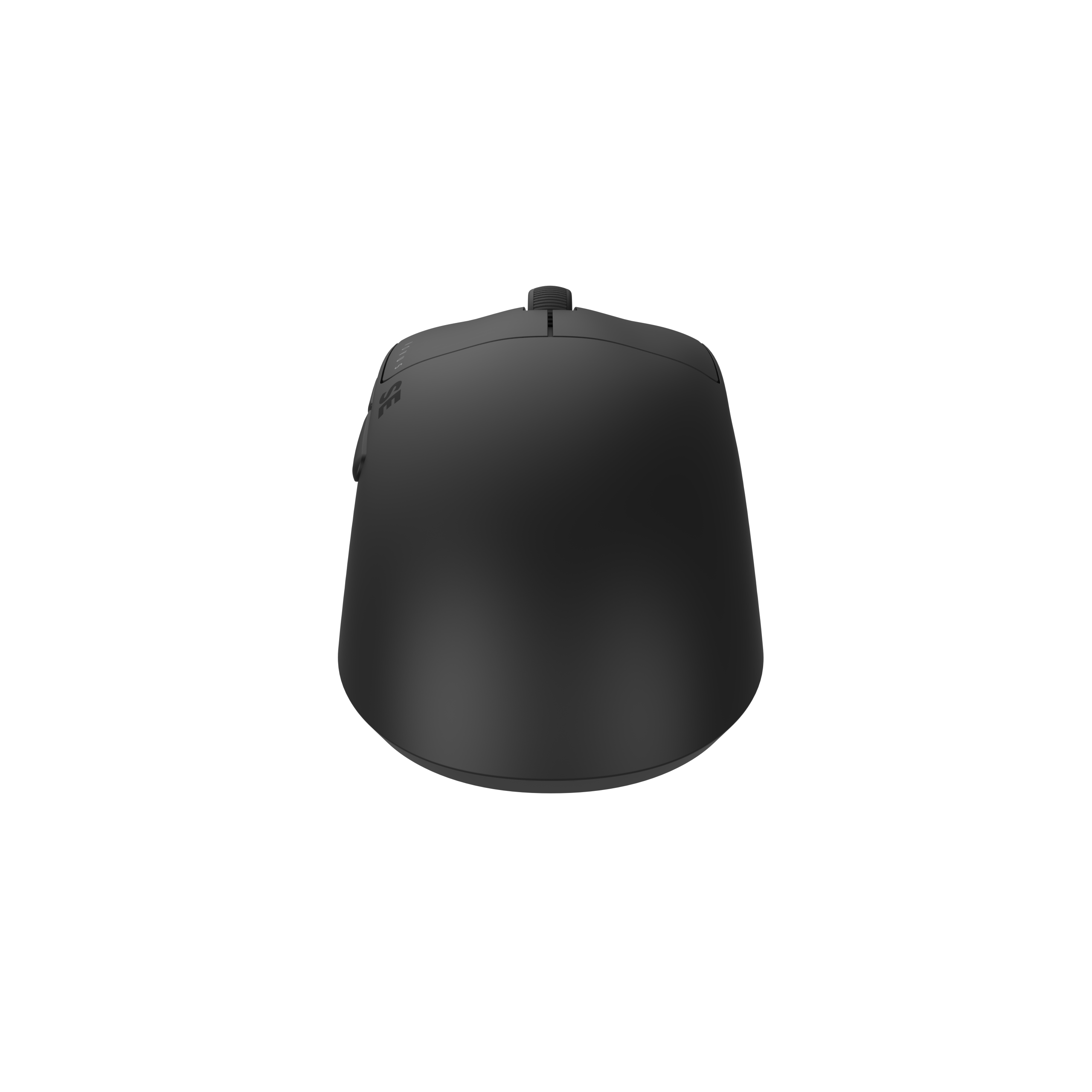 Eine schwarze Computermaus, von oben betrachtet, vor schwarzem Hintergrund. Die Maus hat ein Scrollrad und Seitentasten.