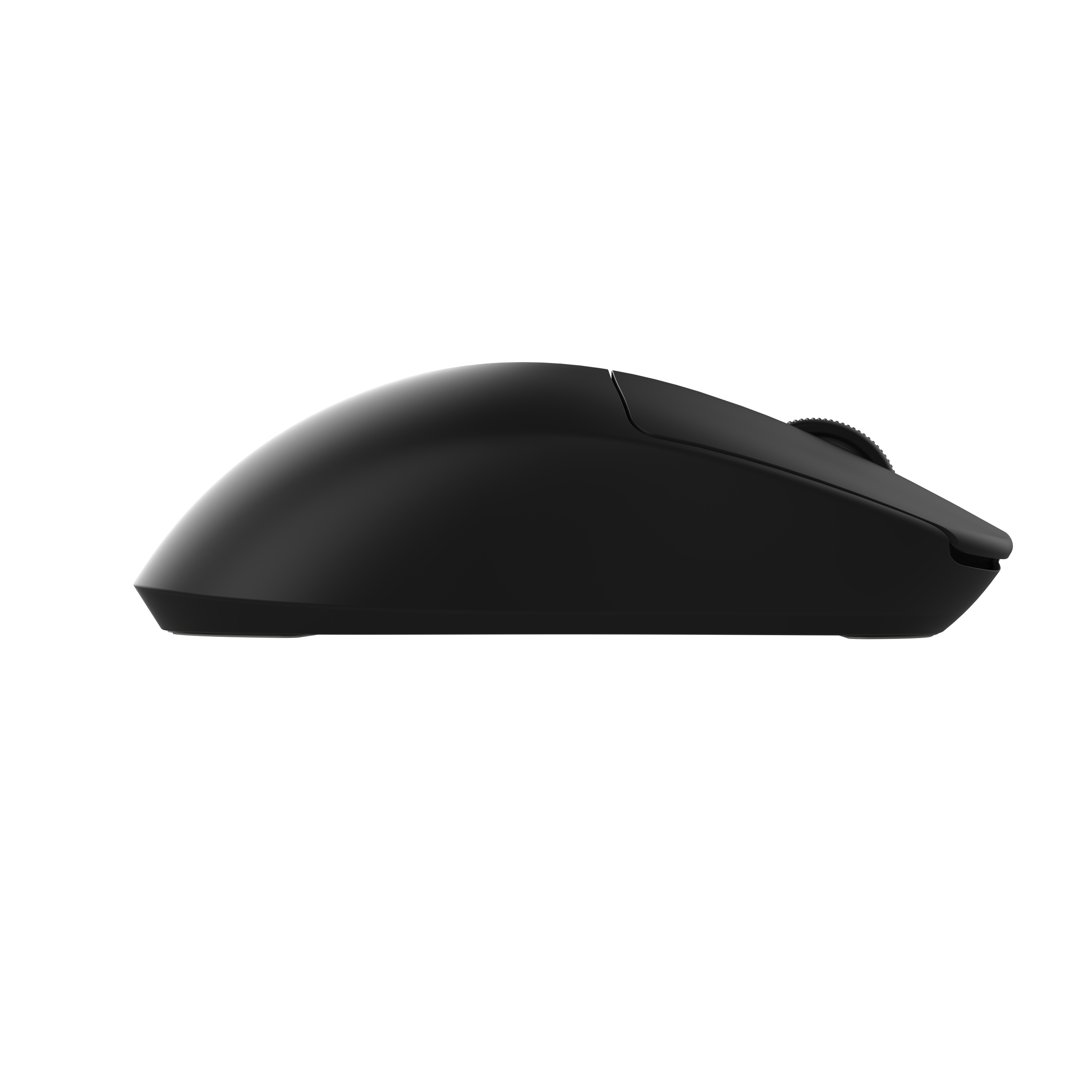 Eine schwarze Computermaus von der Seite betrachtet, auf schwarzem Hintergrund. Sie hat ein Scrollrad.