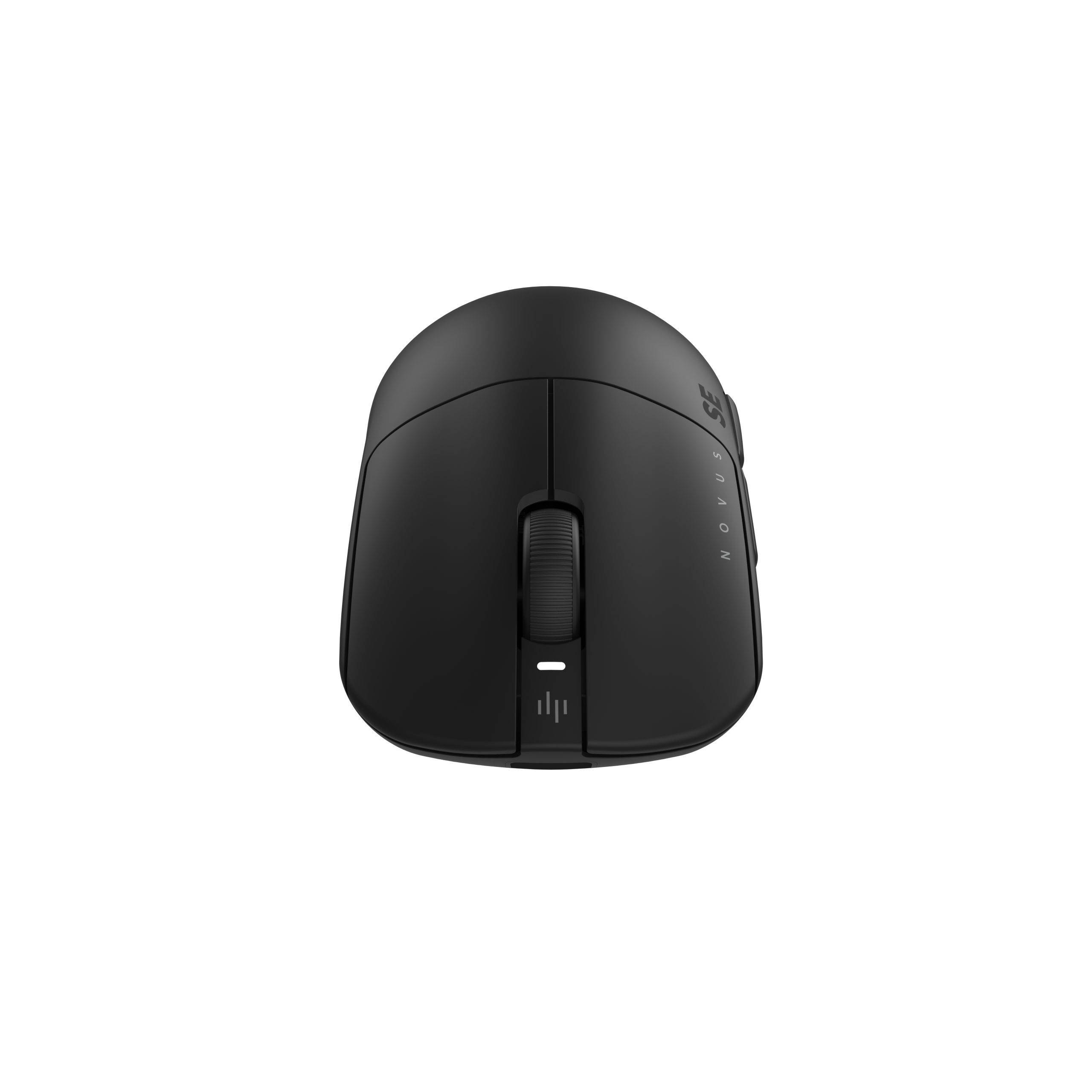 Eine schwarze Computermaus mit Scrollrad und Tasten auf schwarzem Hintergrund.