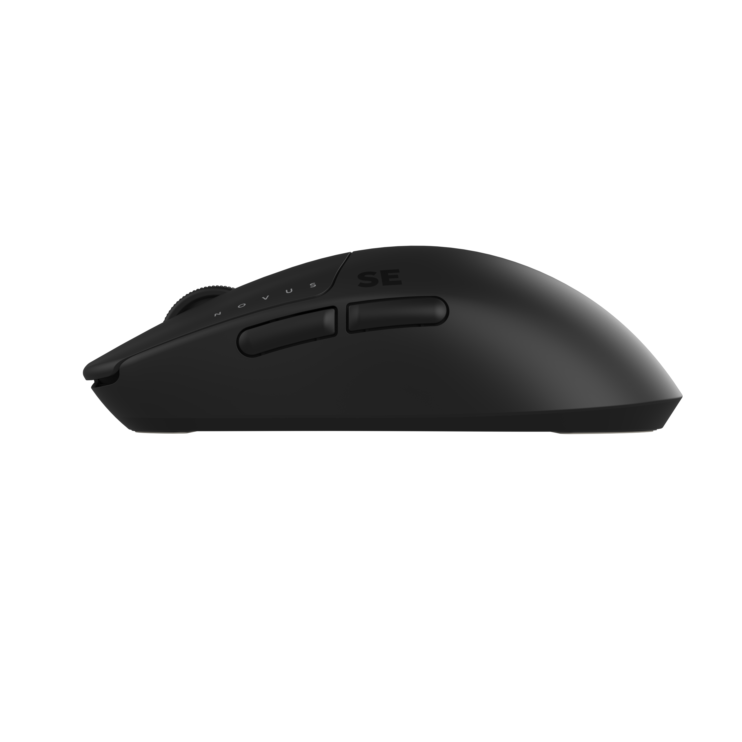 Eine schwarze Computermaus auf schwarzem Hintergrund.