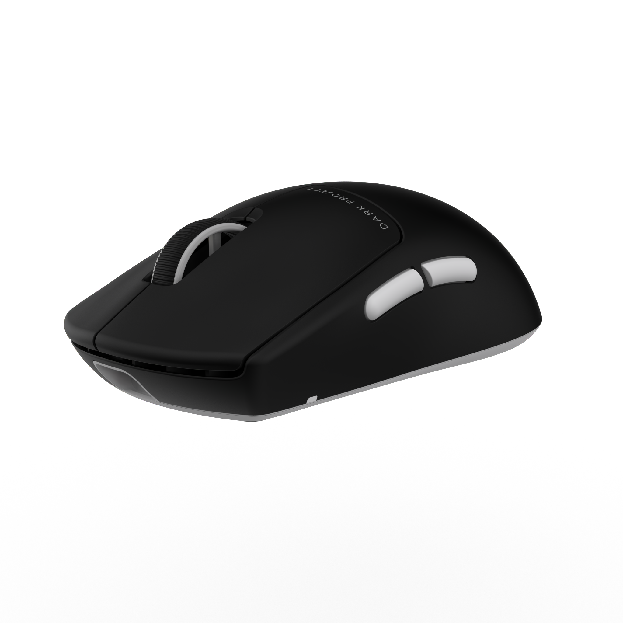 Czarna mysz komputerowa z dwoma białymi przyciskami bocznymi i kółkiem przewijania.