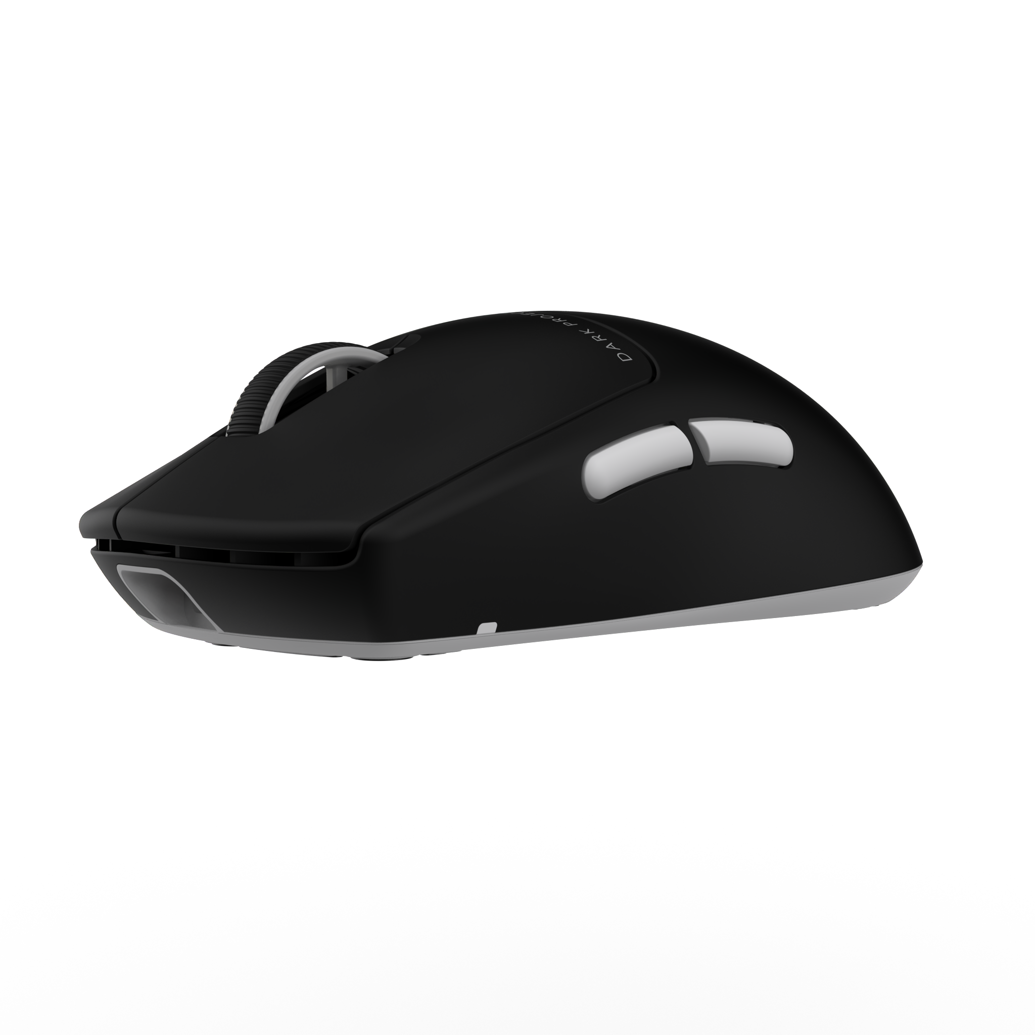Czarna mysz komputerowa z dwoma przyciskami, kółkiem przewijania i białymi akcentami.