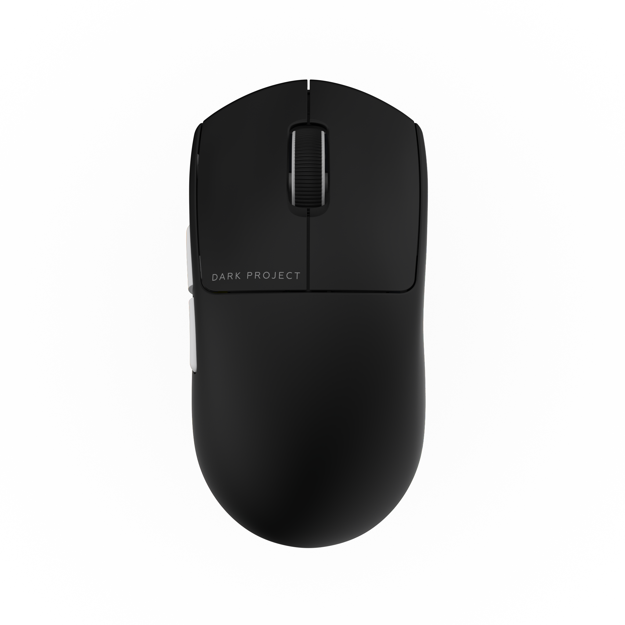 Czarna mysz komputerowa na czarnym tle. Widok z góry. Napis Dark Project.