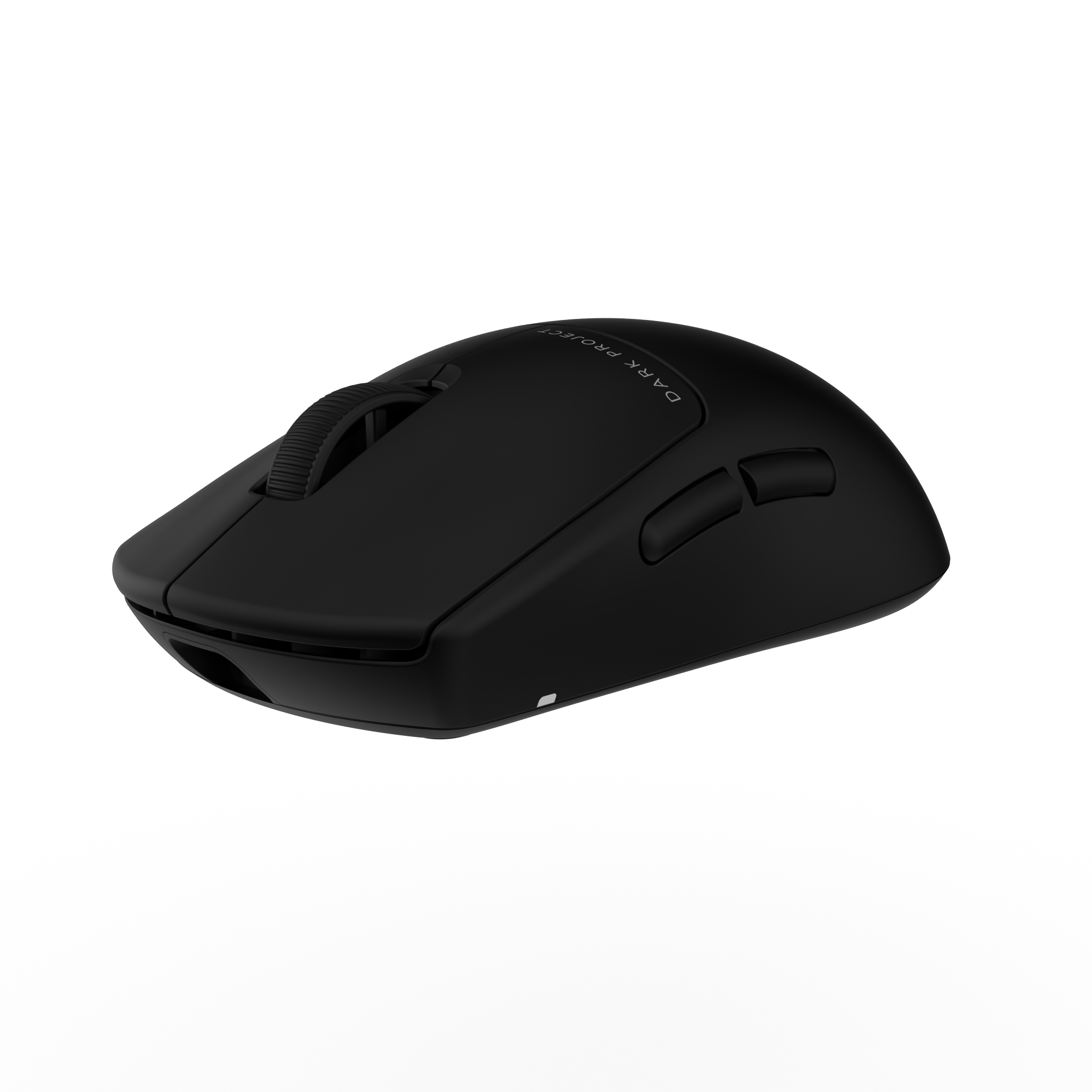 Zwarte gamingmuis. Knoppen, scrollwiel en 'DARK PROJECT' tekst.