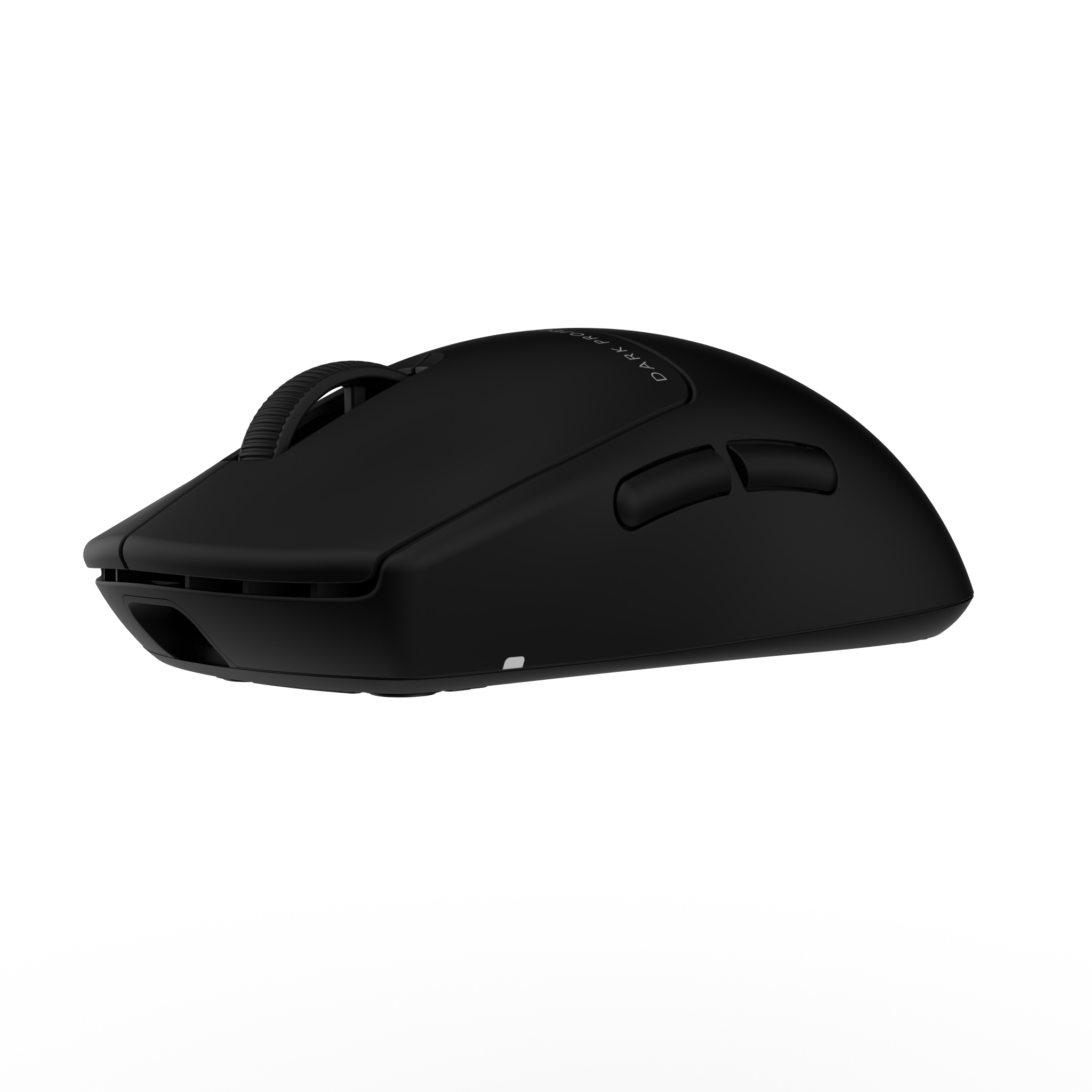 Een zwarte gamingmuis met twee knoppen aan de zijkant en een scrollwiel bovenop.